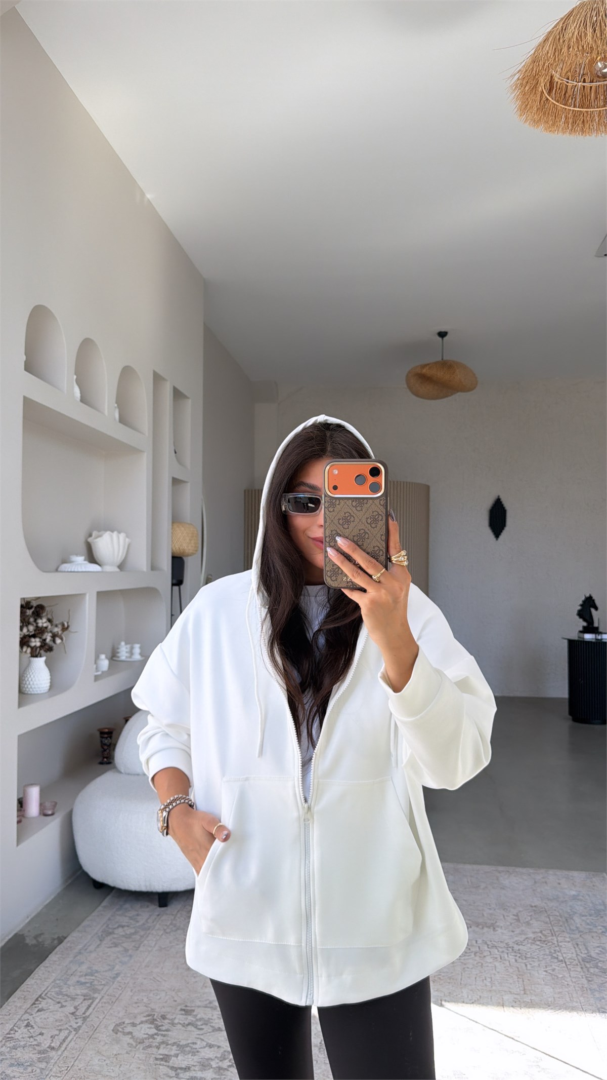 Ekru Fermuarlı Cepli Modal Hoodie