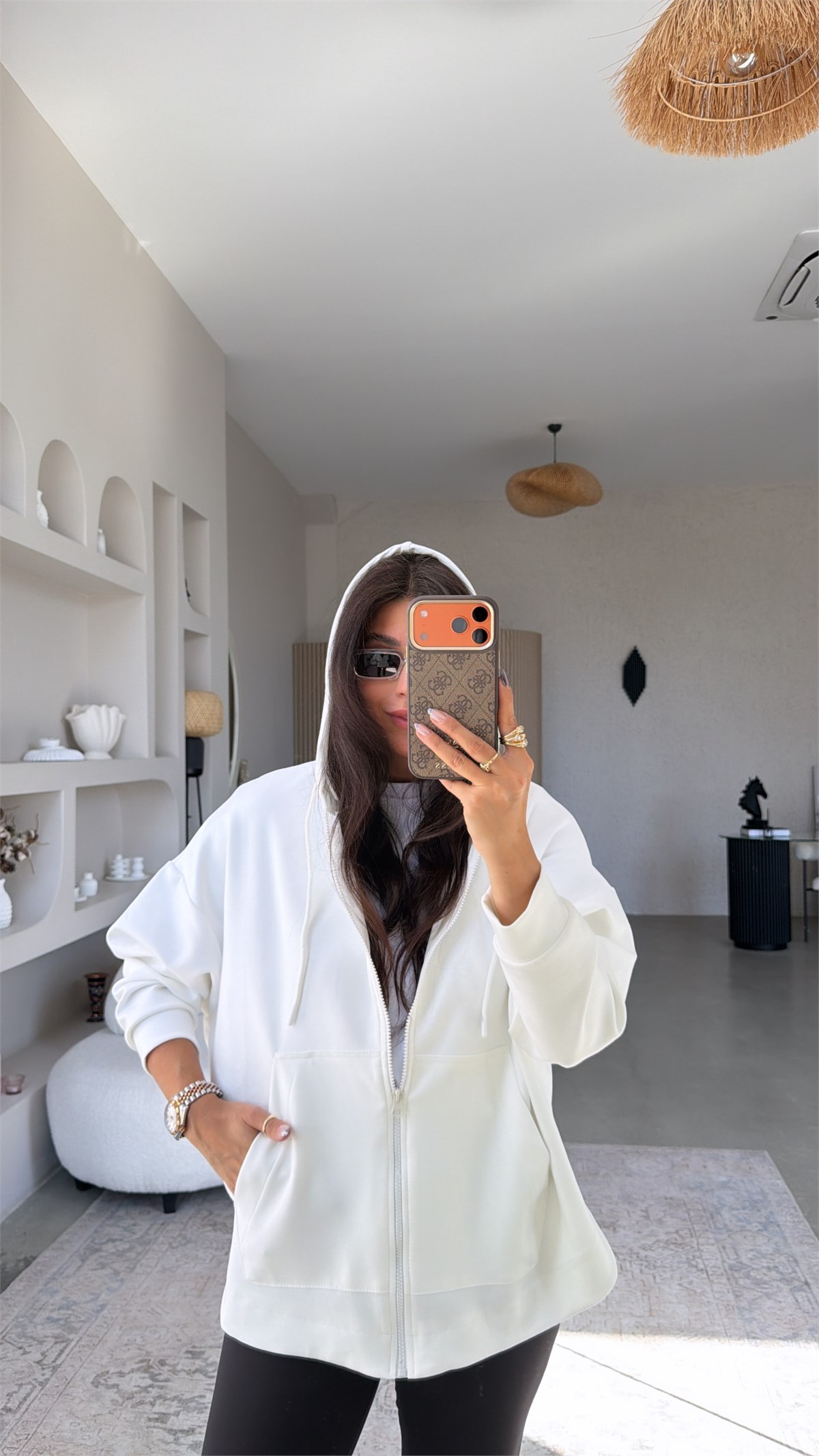 Ekru Fermuarlı Cepli Modal Hoodie