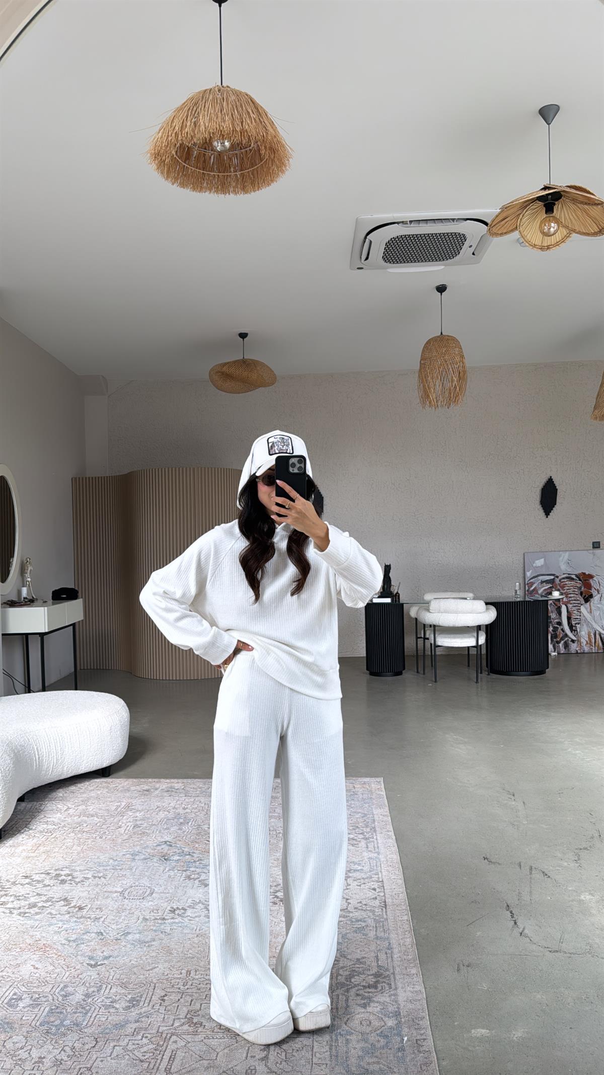 Ekru Fitilli Kapüşonlu Yumuşak Dokulu Takım