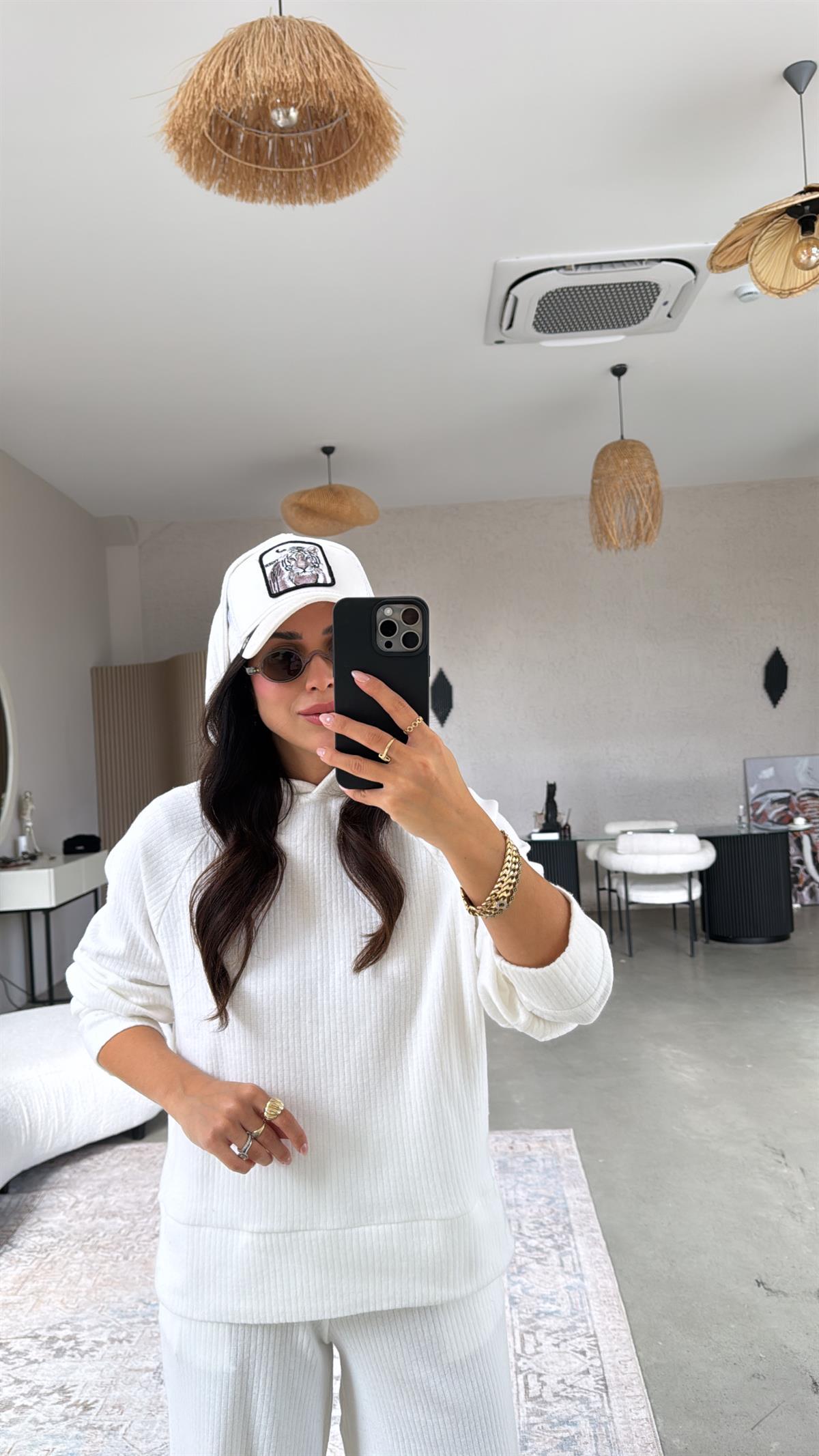 Ekru Fitilli Kapüşonlu Yumuşak Dokulu Takım