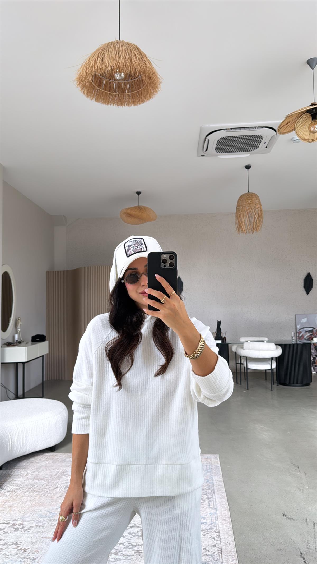 Ekru Fitilli Kapüşonlu Yumuşak Dokulu Takım