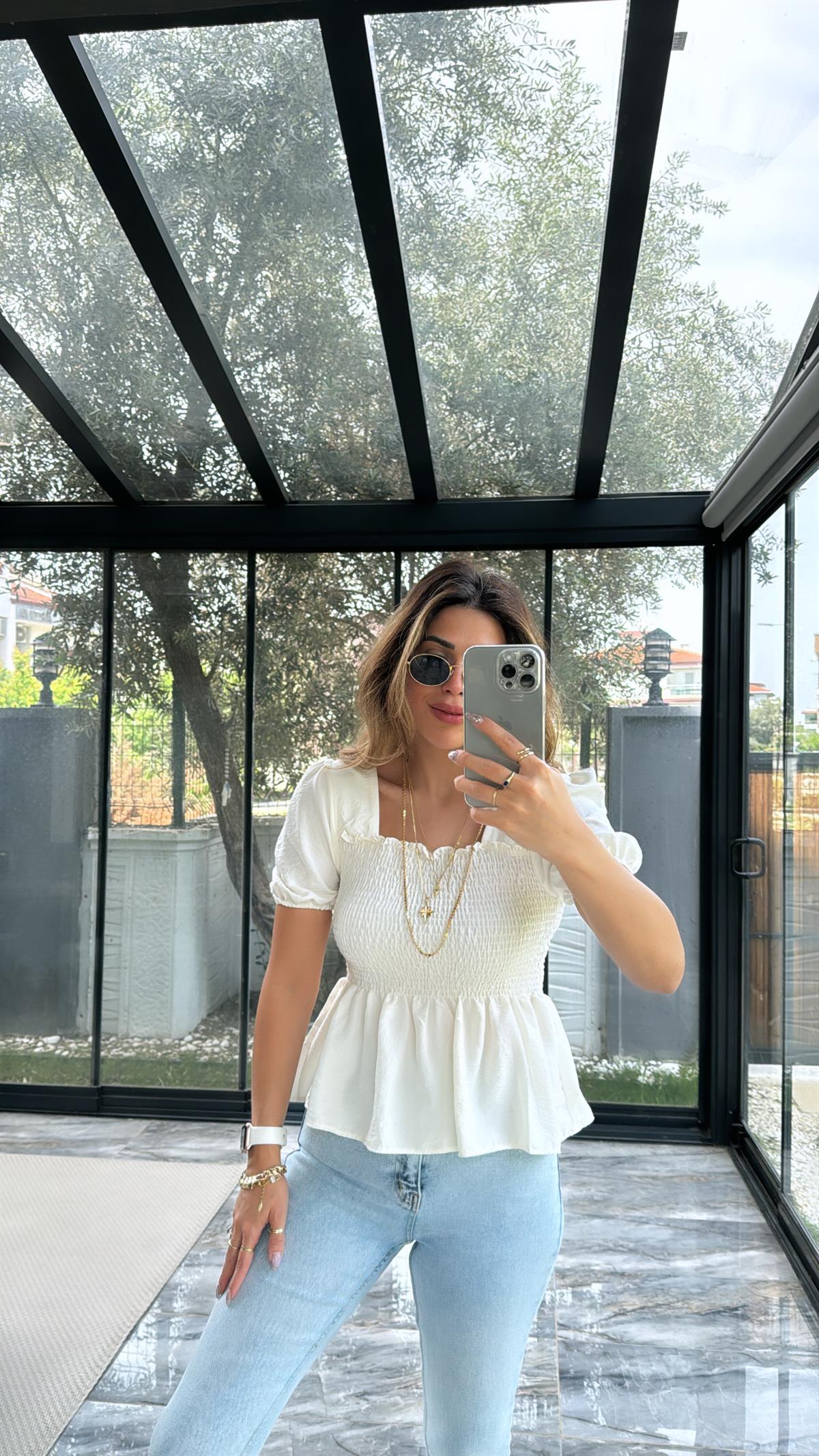 Ekru Gipeli İpek Bluz