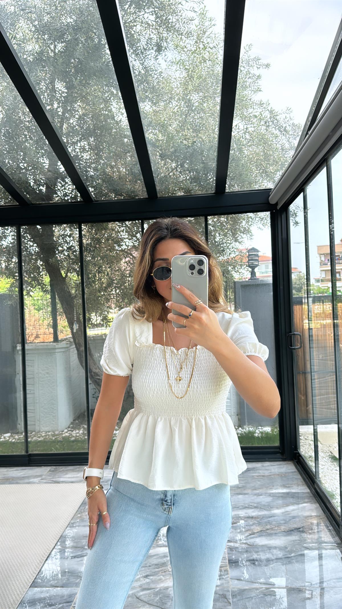 Ekru Gipeli İpek Bluz