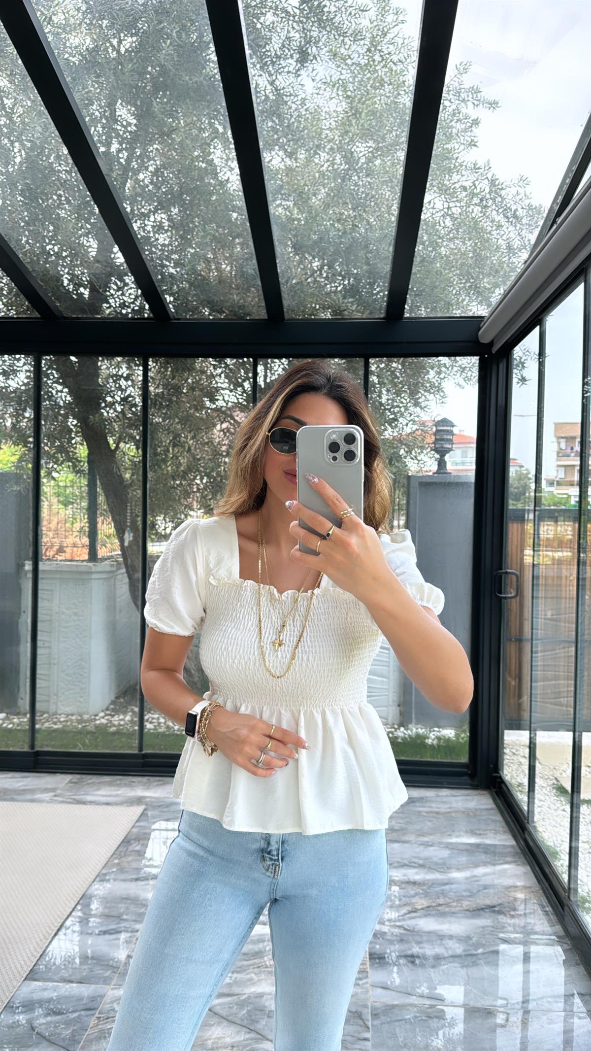 Ekru Gipeli İpek Bluz