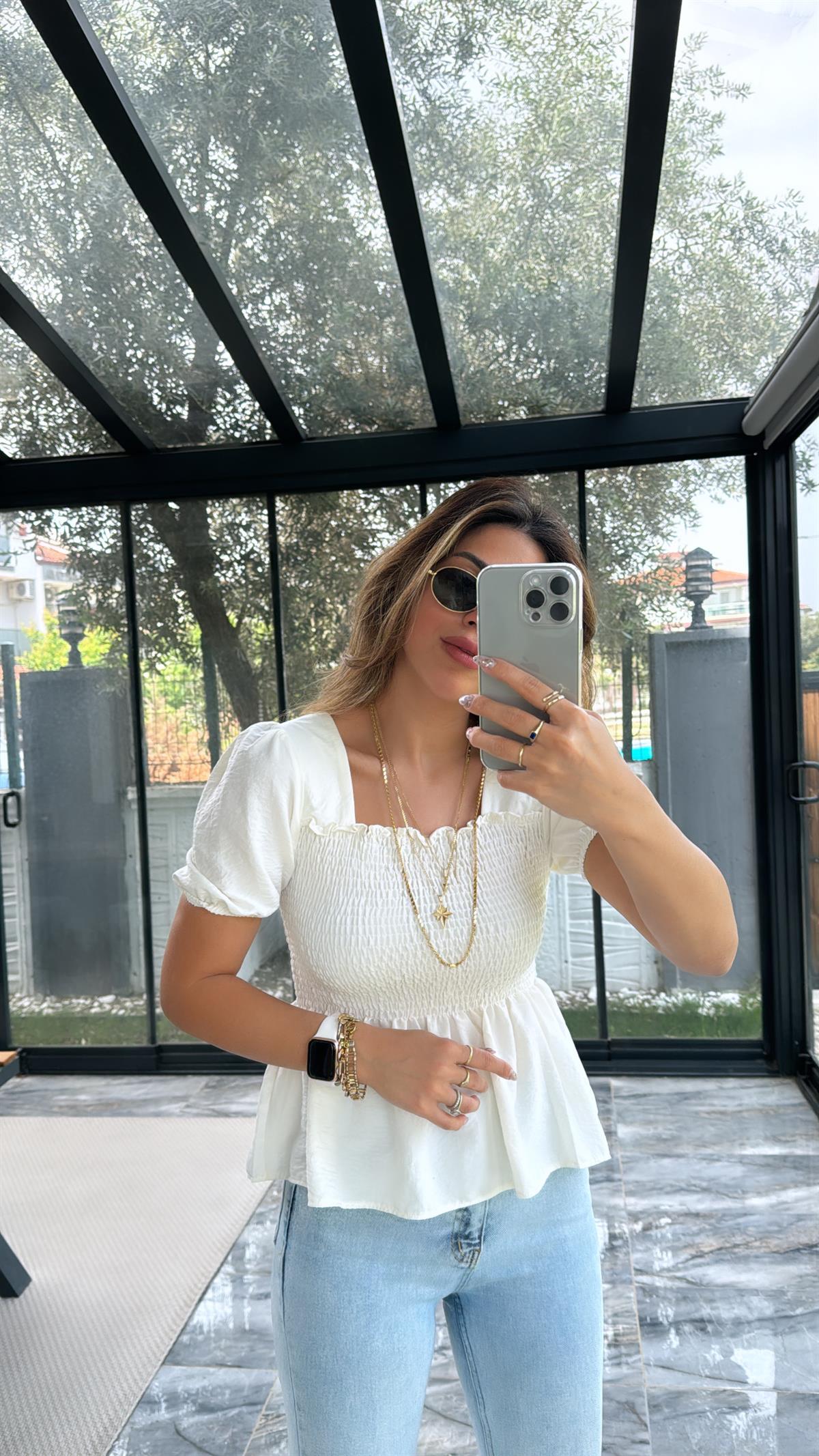 Ekru Gipeli İpek Bluz