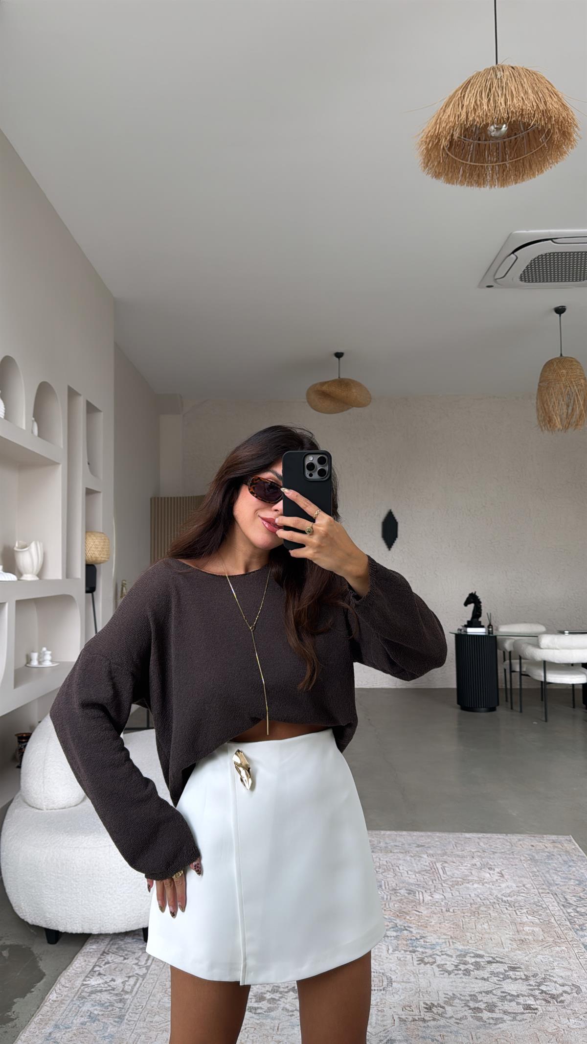 Ekru Gold Aksesuarlı Şort Etek