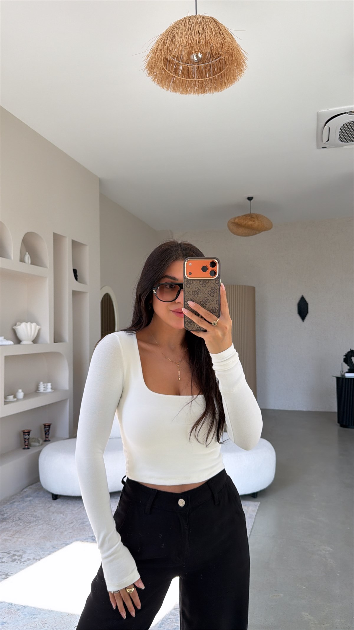 Ekru Kare Yaka Crop Pamuklu Uzun Kollu Basic
