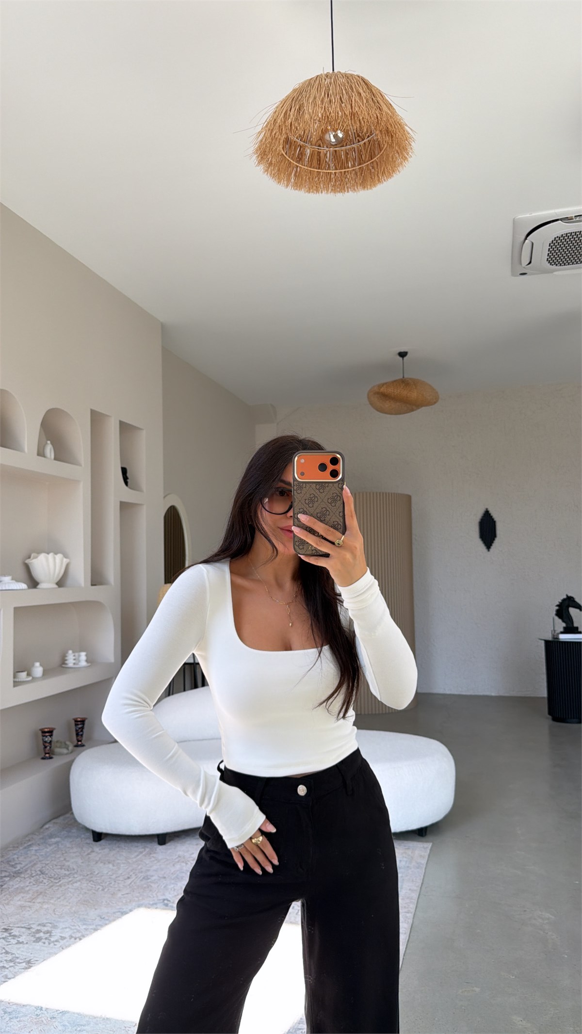 Ekru Kare Yaka Crop Pamuklu Uzun Kollu Basic