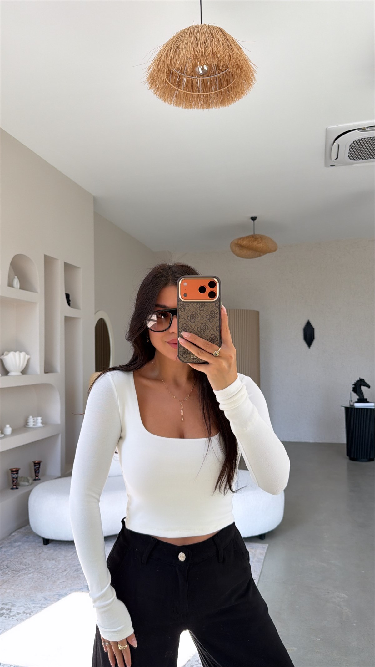 Ekru Kare Yaka Crop Pamuklu Uzun Kollu Basic