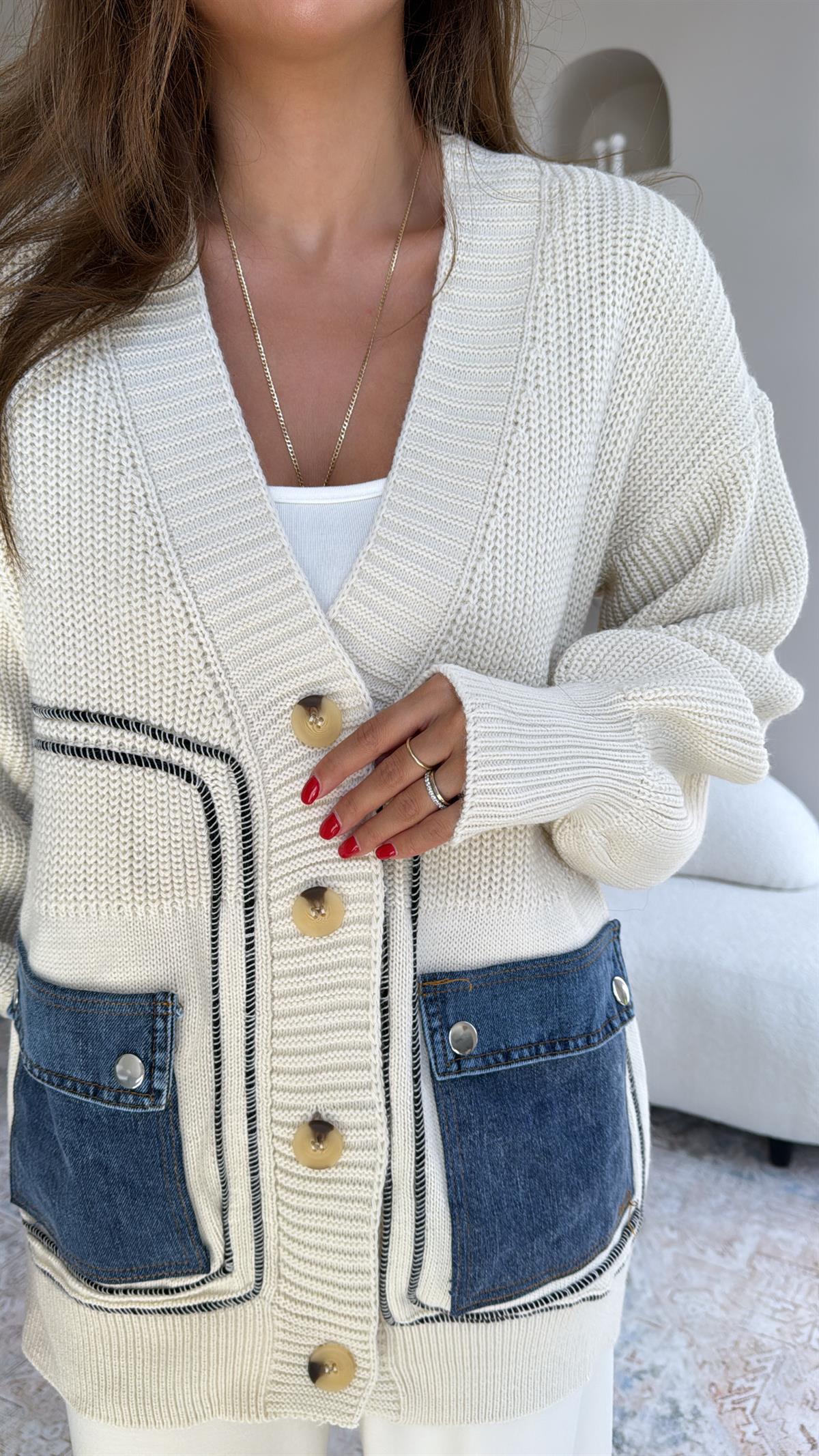 Ekru Kot Cepli Hırka