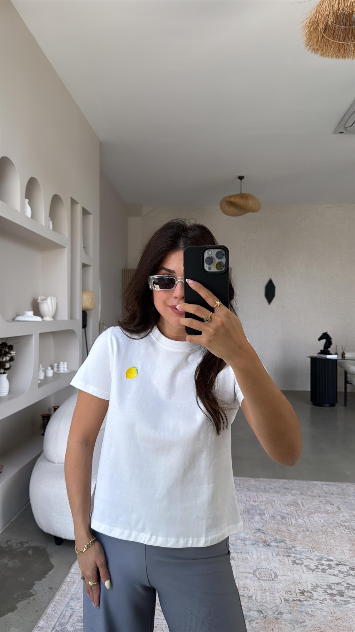 Ekru Limon Nakışlı Tshirt