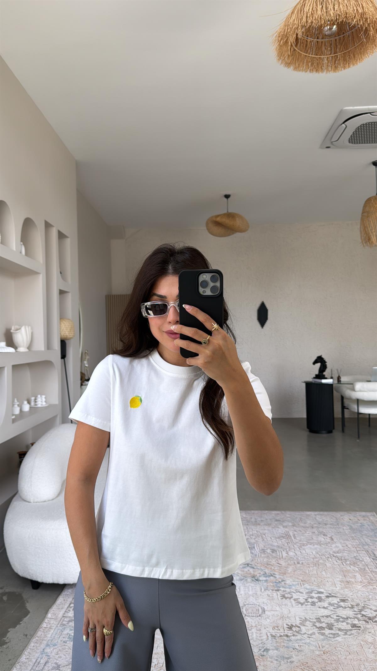 Ekru Limon Nakışlı Tshirt