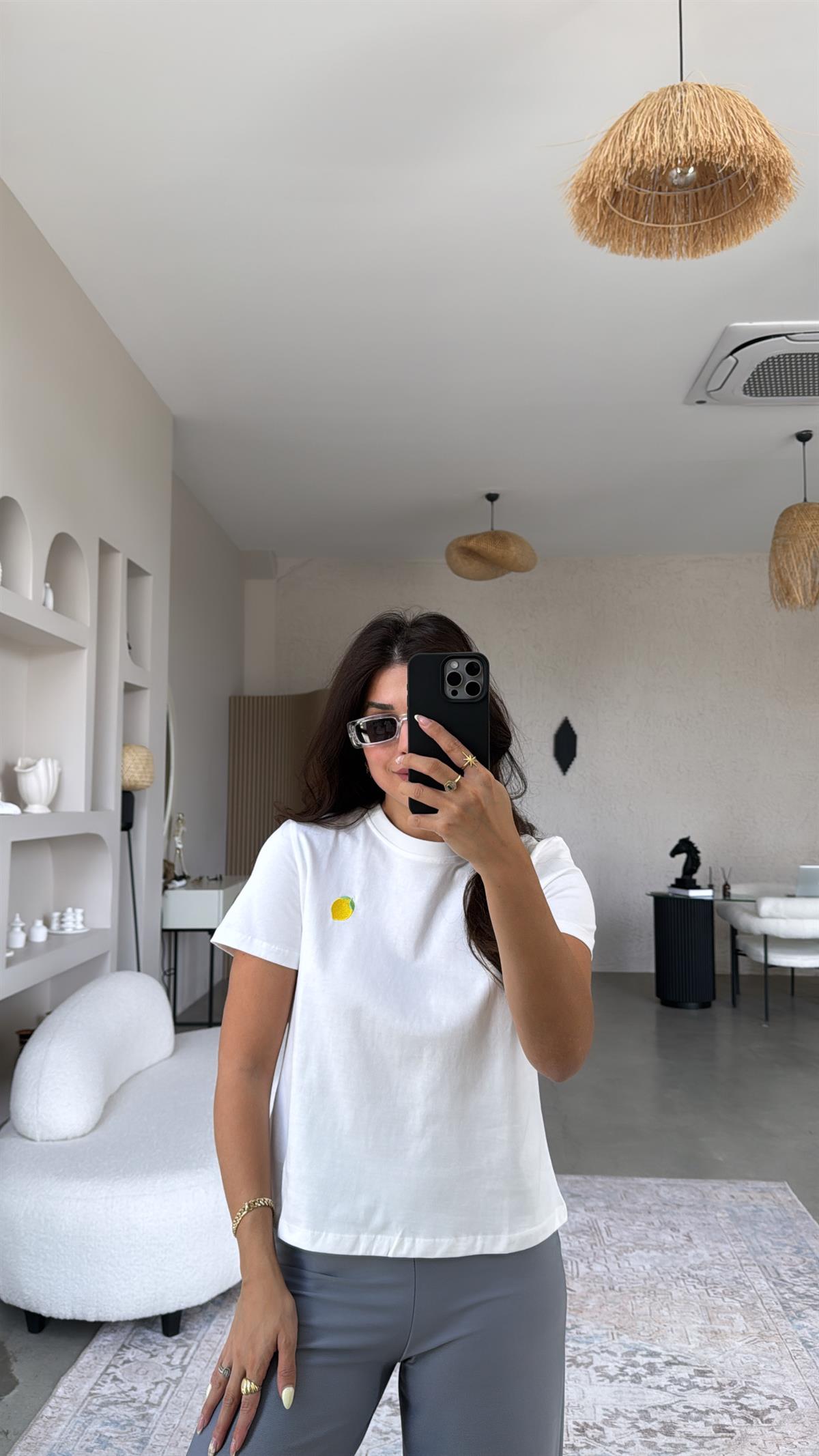 Ekru Limon Nakışlı Tshirt