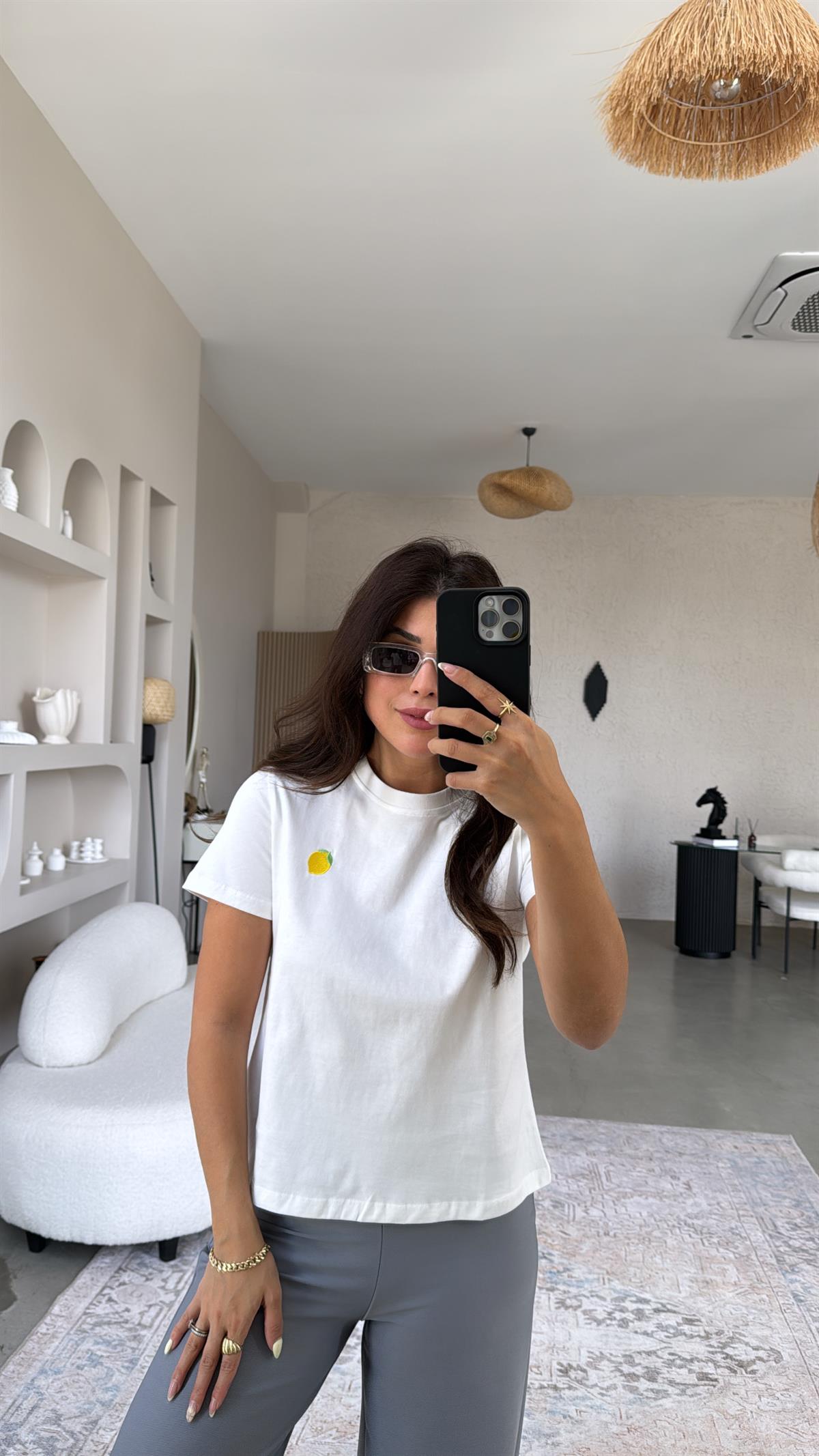 Ekru Limon Nakışlı Tshirt