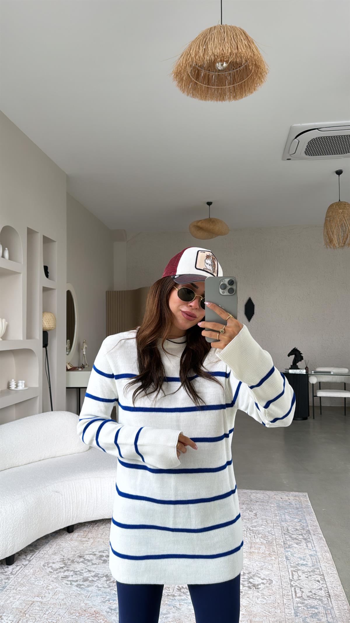 Ekru Mavi Çizgili Triko Tunik