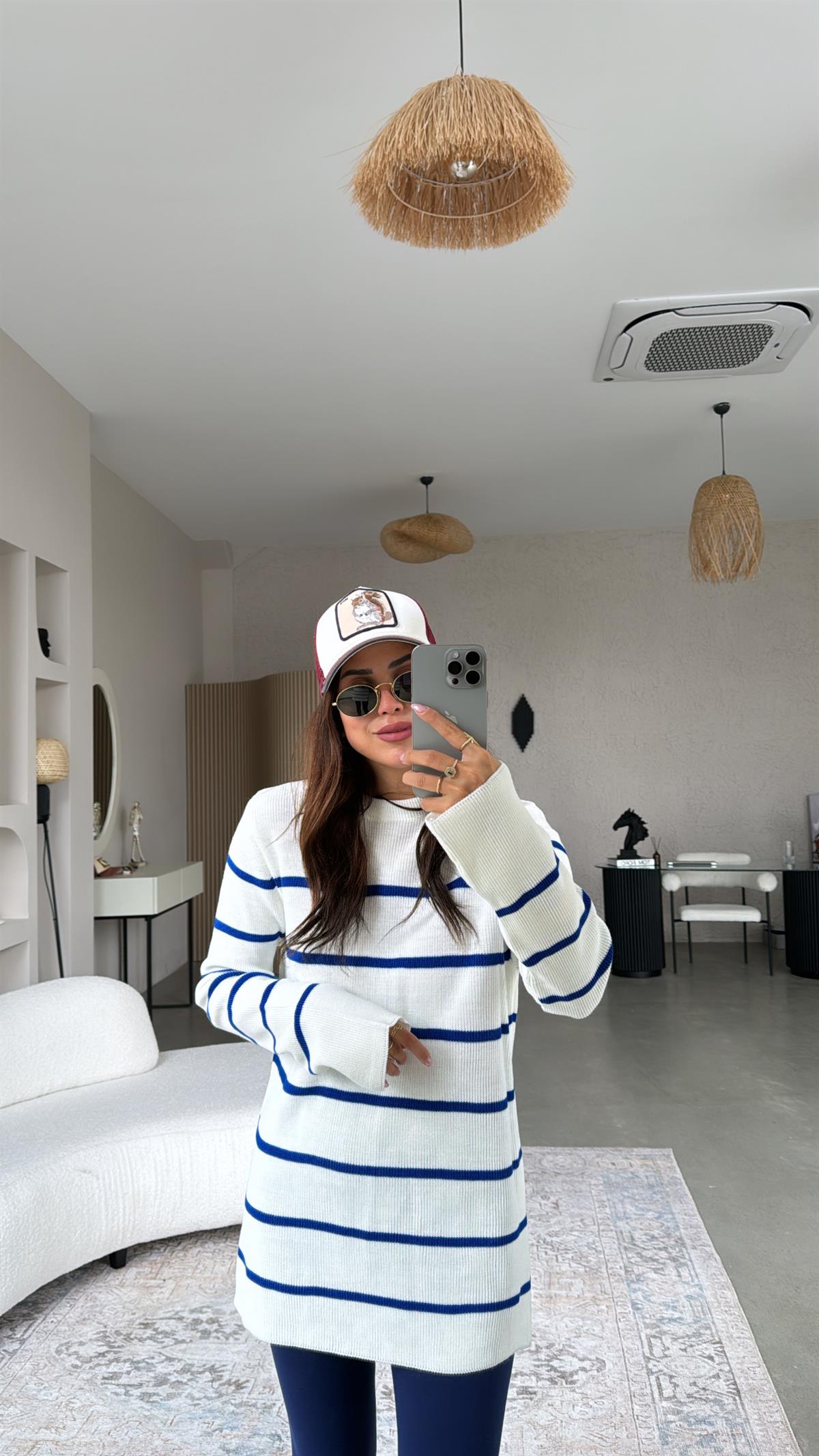 Ekru Mavi Çizgili Triko Tunik