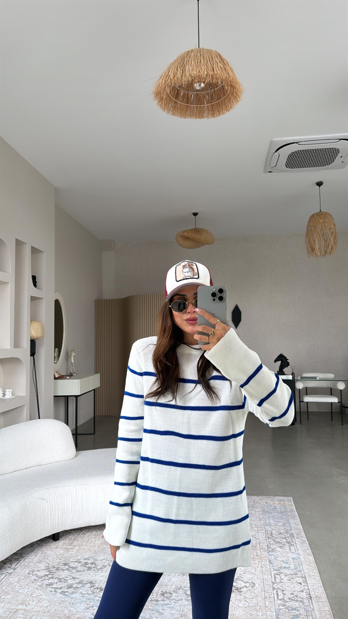 Ekru Mavi Çizgili Triko Tunik