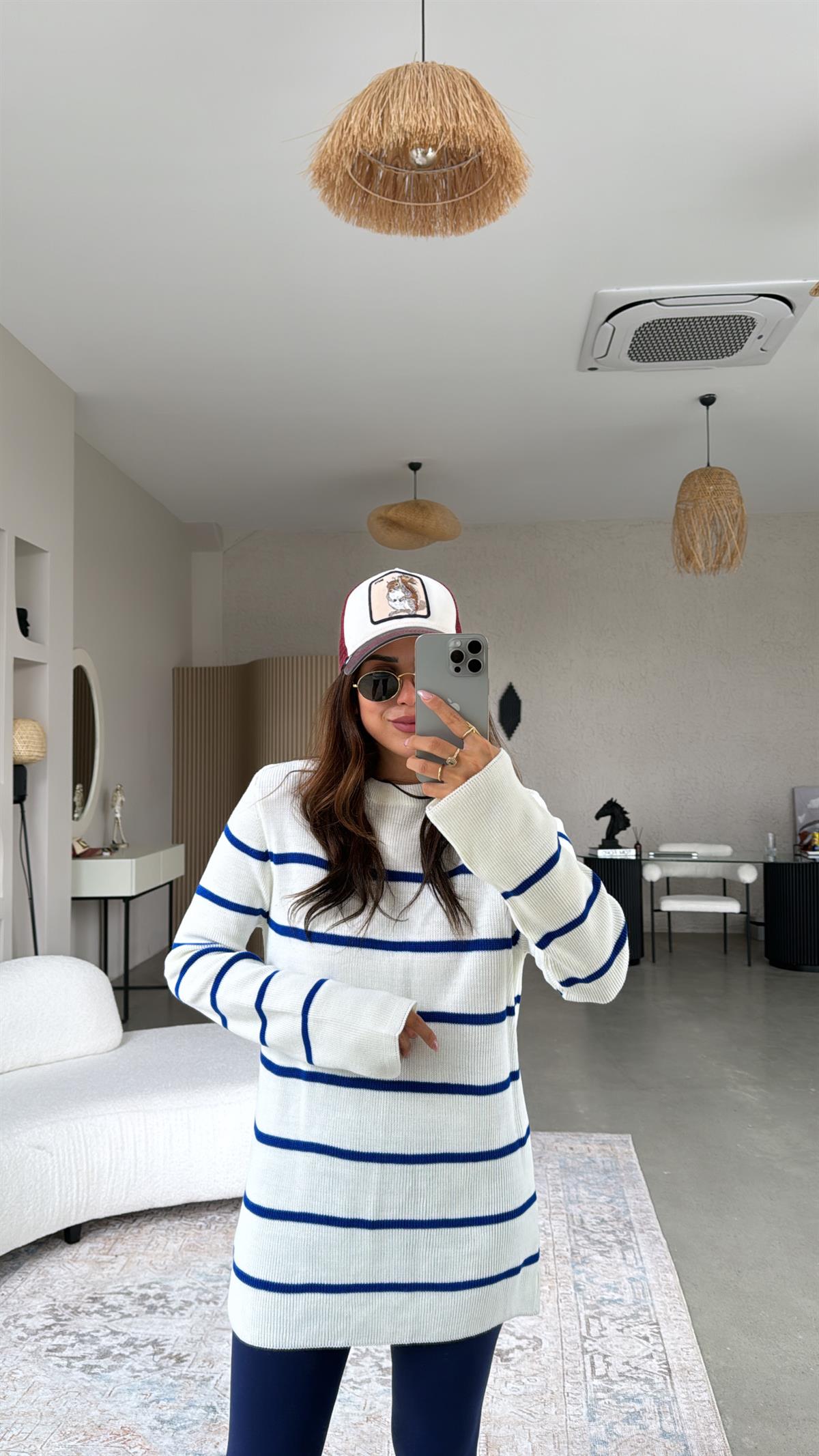 Ekru Mavi Çizgili Triko Tunik