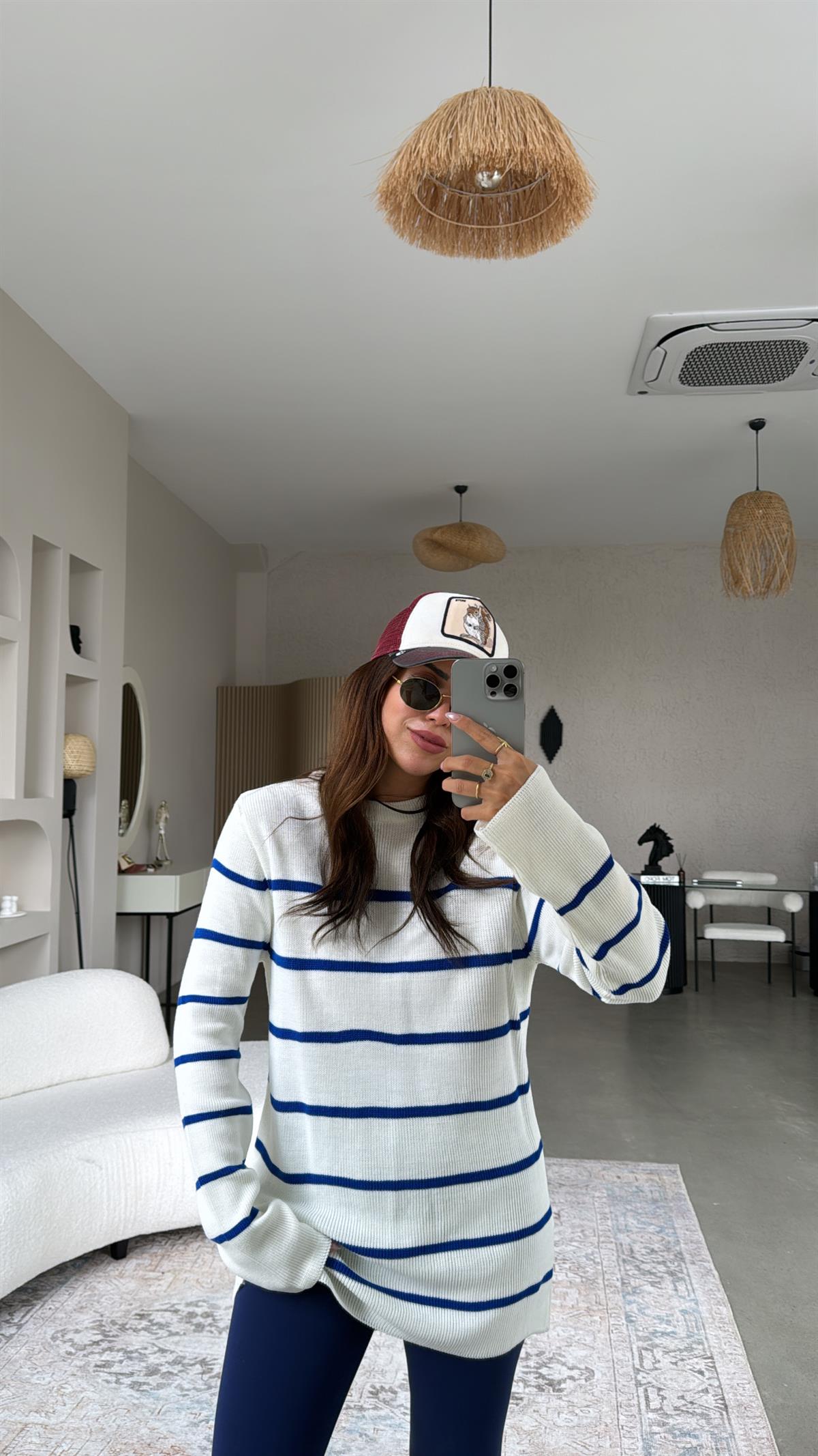 Ekru Mavi Çizgili Triko Tunik