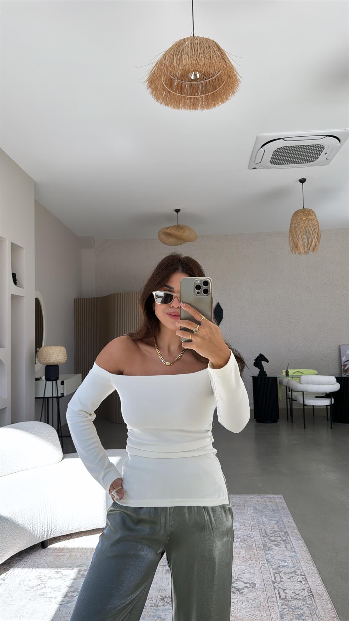 Ekru Modal Drapeli Bluz