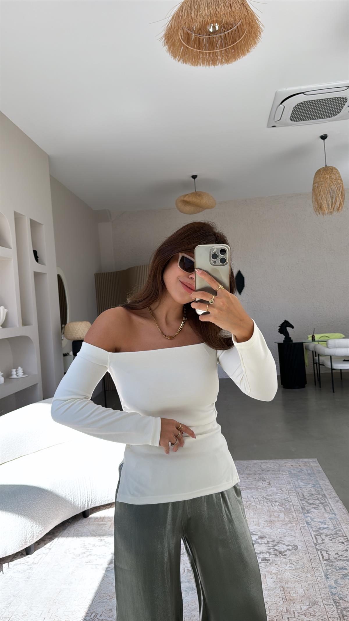 Ekru Modal Drapeli Bluz