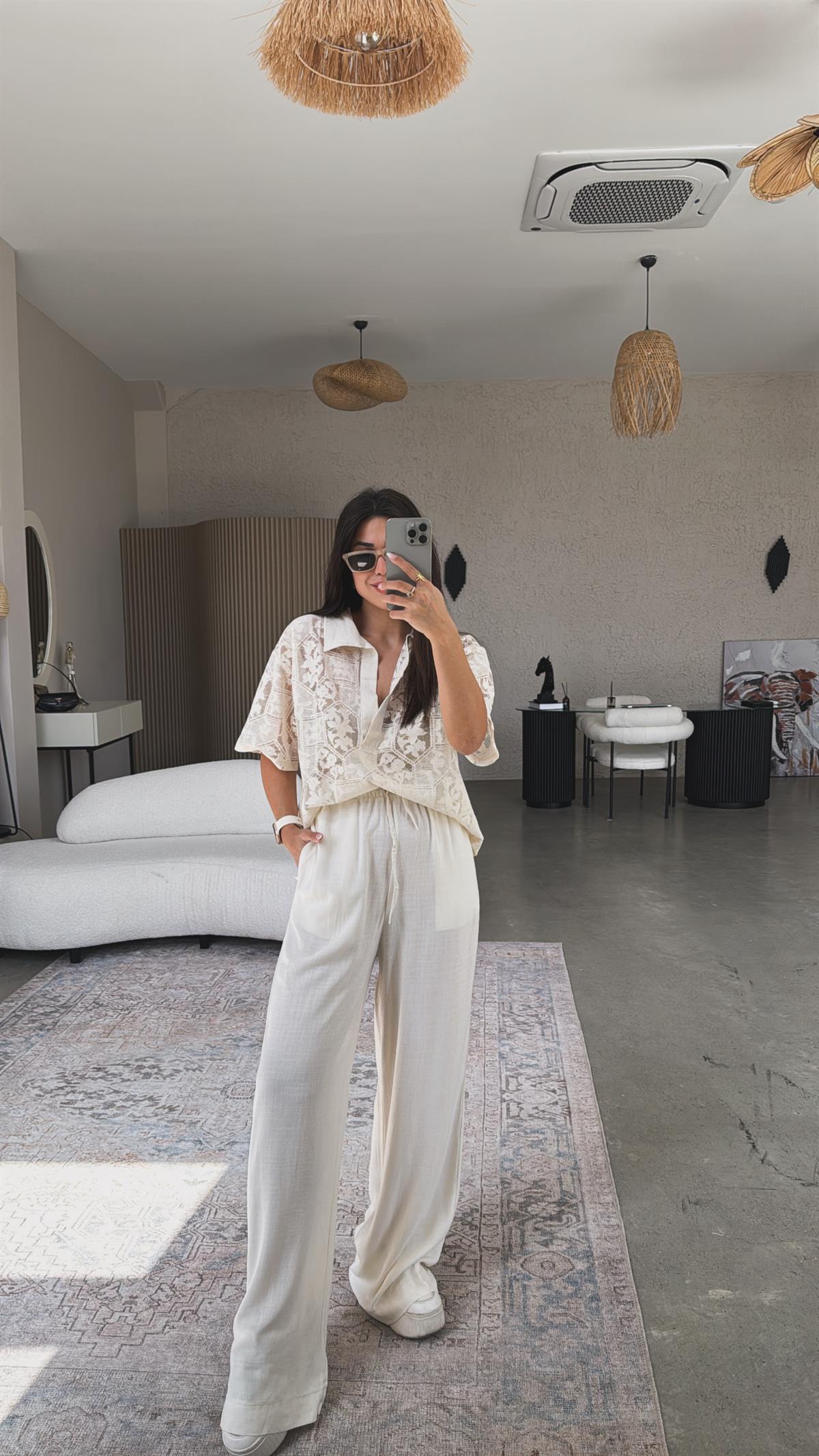 Ekru Naturel Keten Pantolon