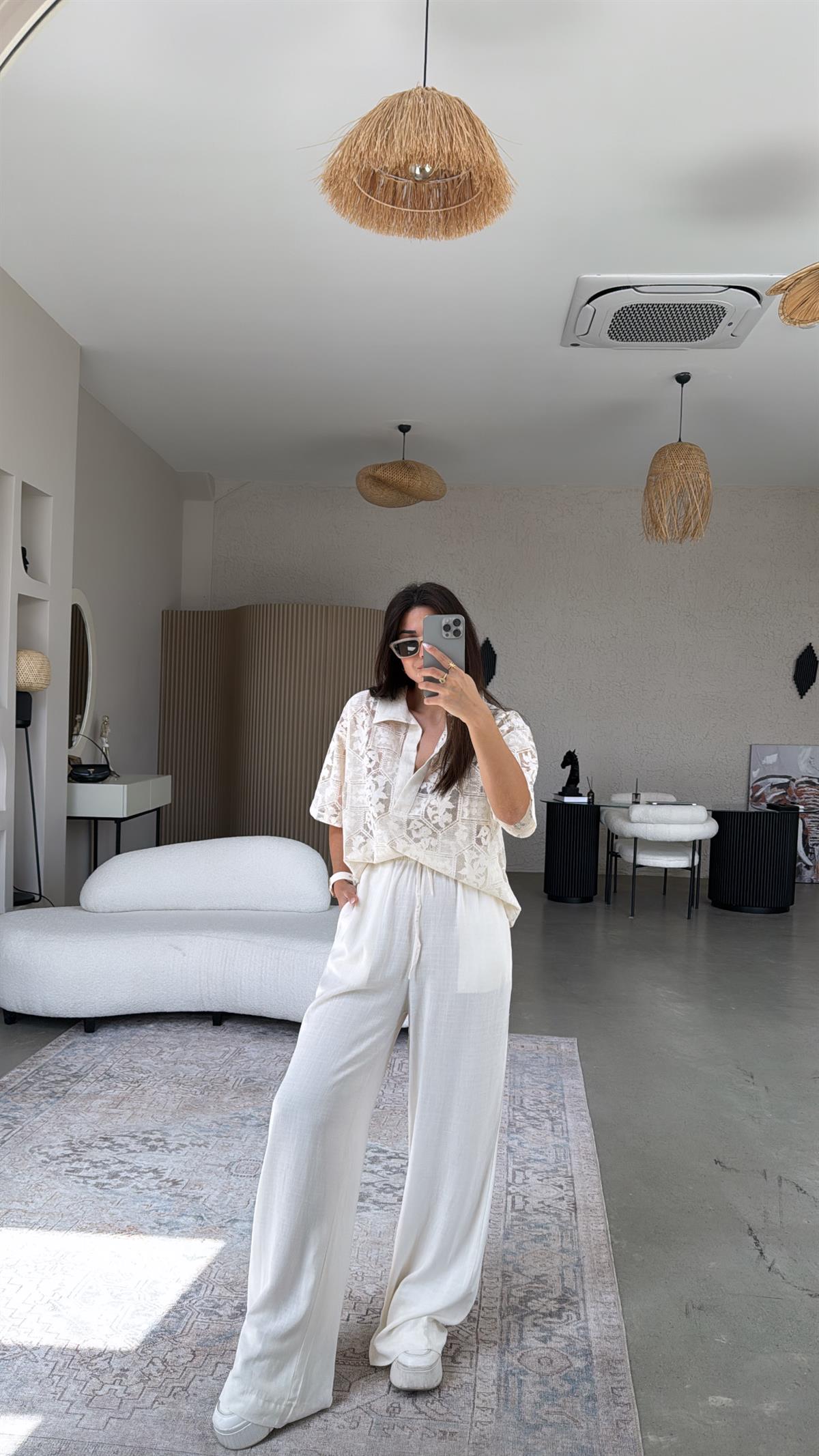 Ekru Naturel Keten Pantolon