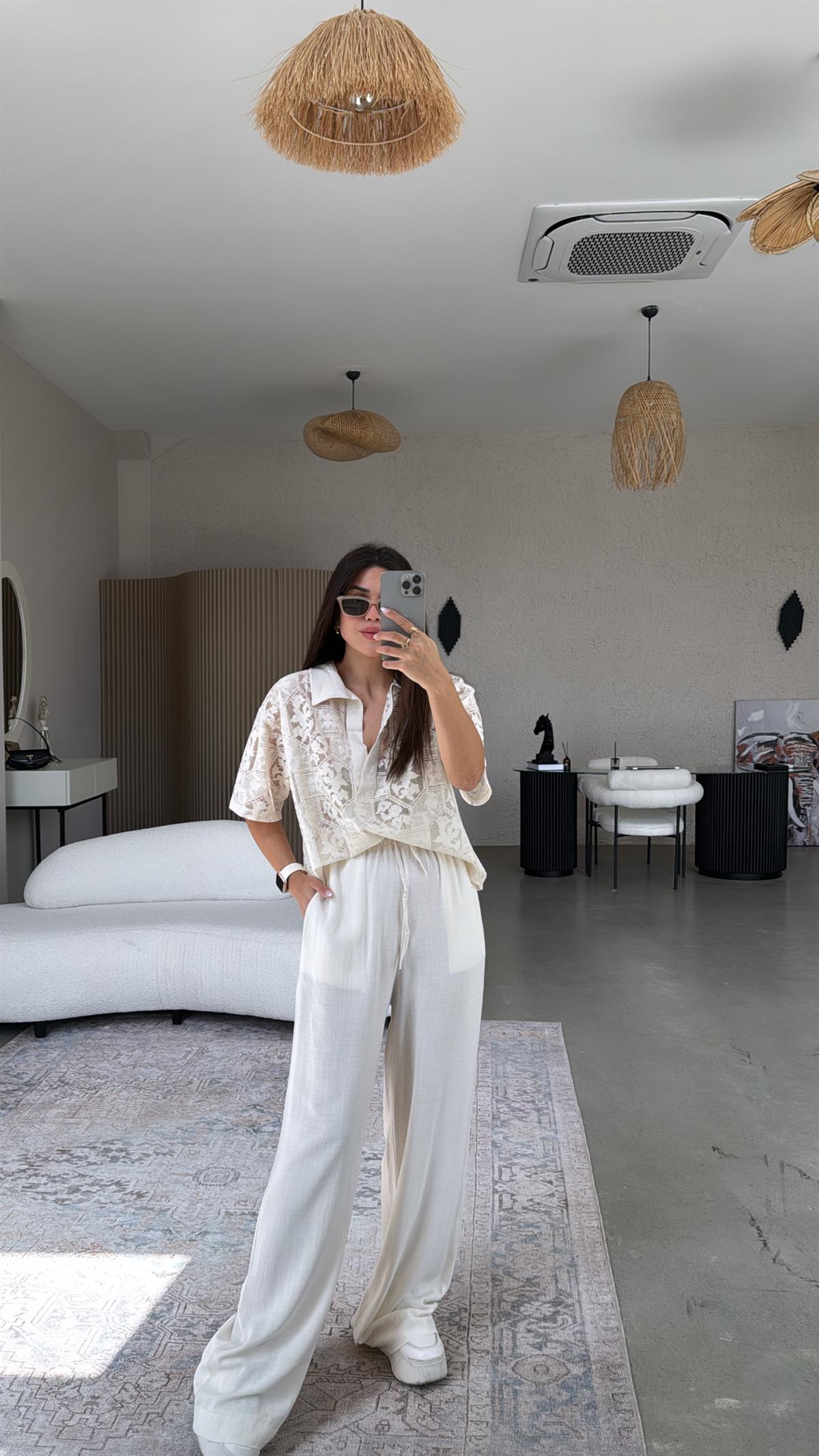 Ekru Naturel Keten Pantolon