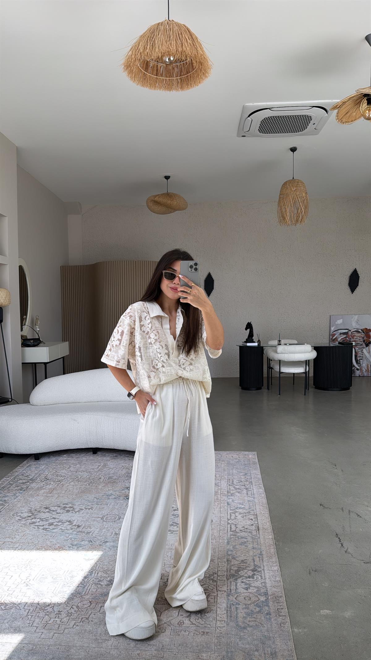 Ekru Naturel Keten Pantolon