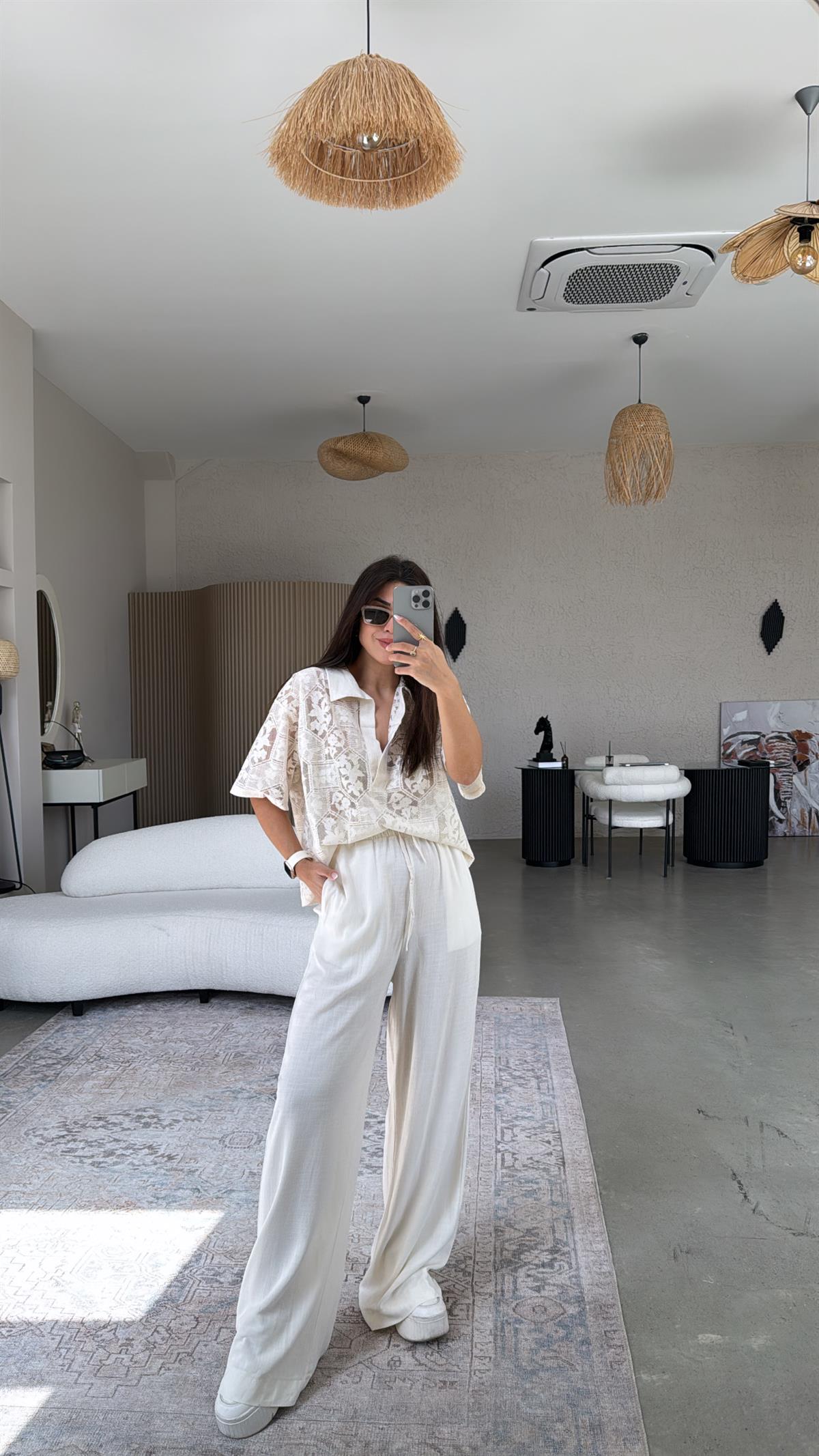 Ekru Naturel Keten Pantolon