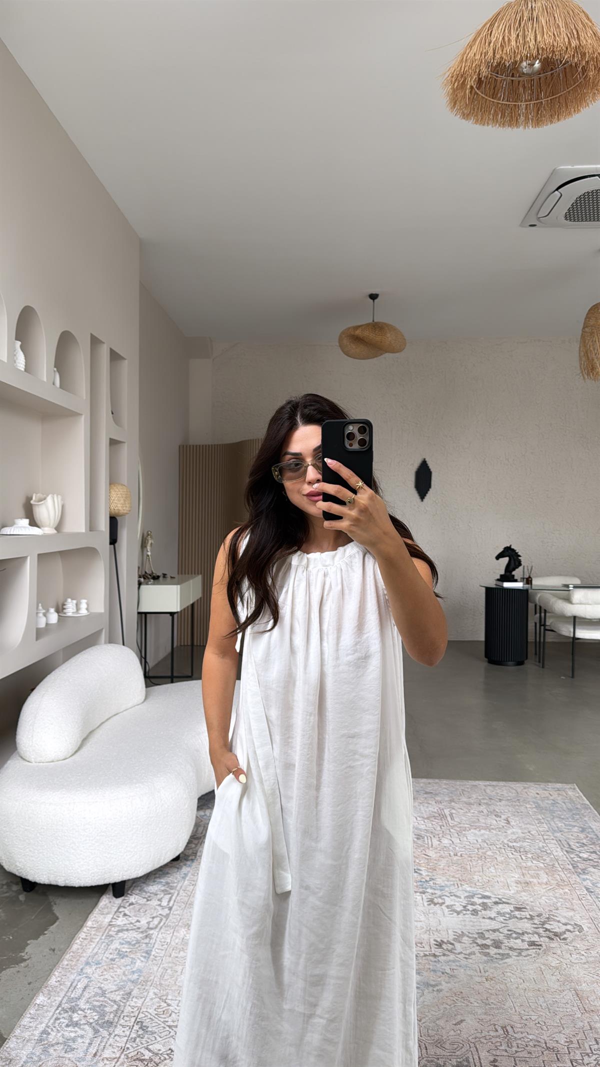 Ekru Omuzları Bağlı Tensel Maxi Elbise