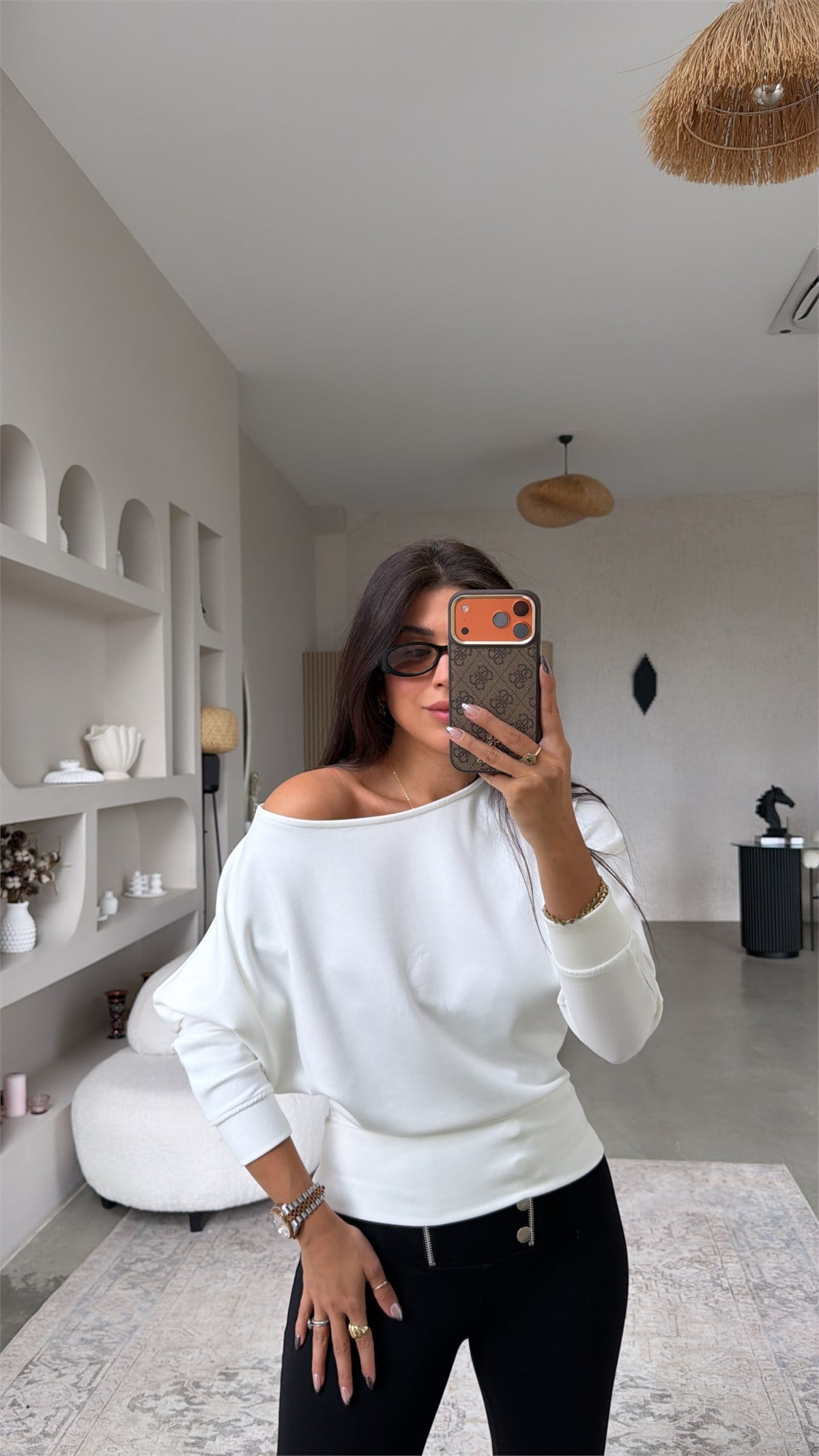 Ekru Omzu Açık Modal Sweatshirt