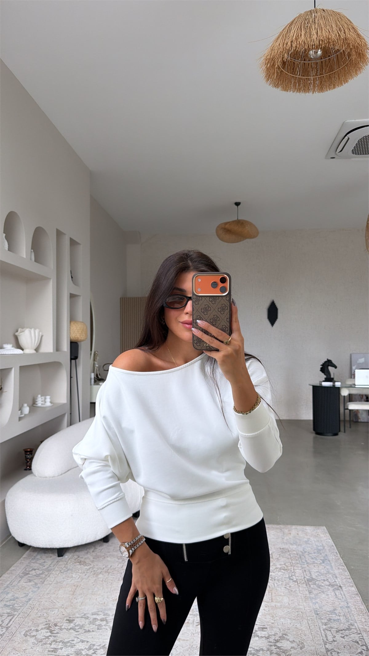Ekru Omzu Açık Modal Sweatshirt