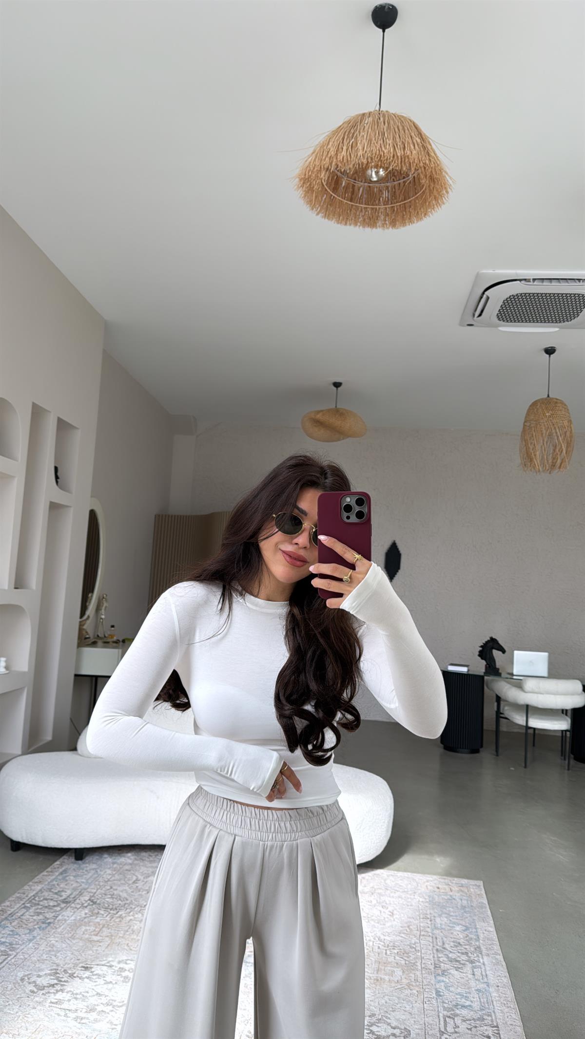 Ekru Oys Parmak Geçme Uzun Kollu Body