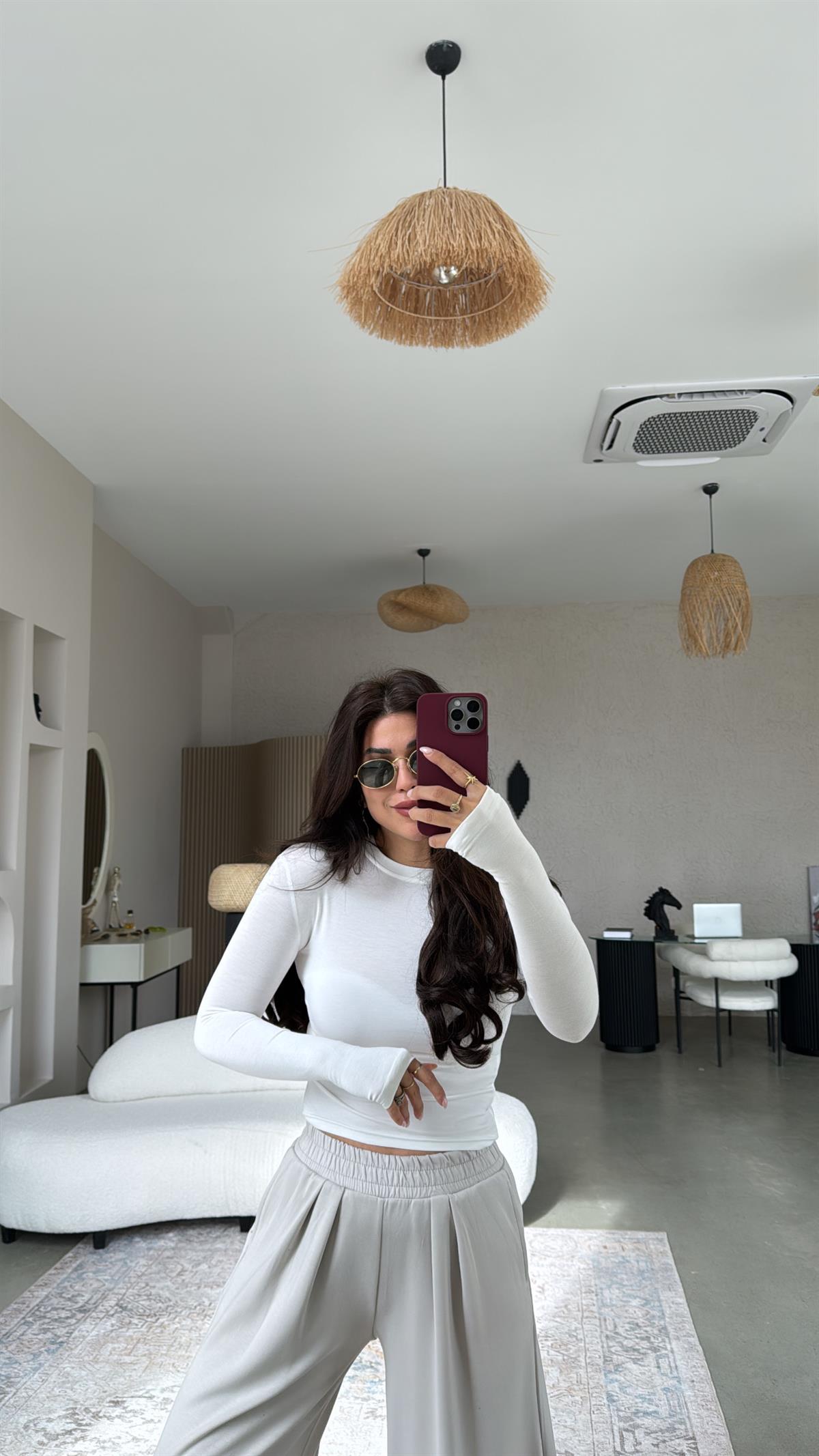 Ekru Oys Parmak Geçme Uzun Kollu Body