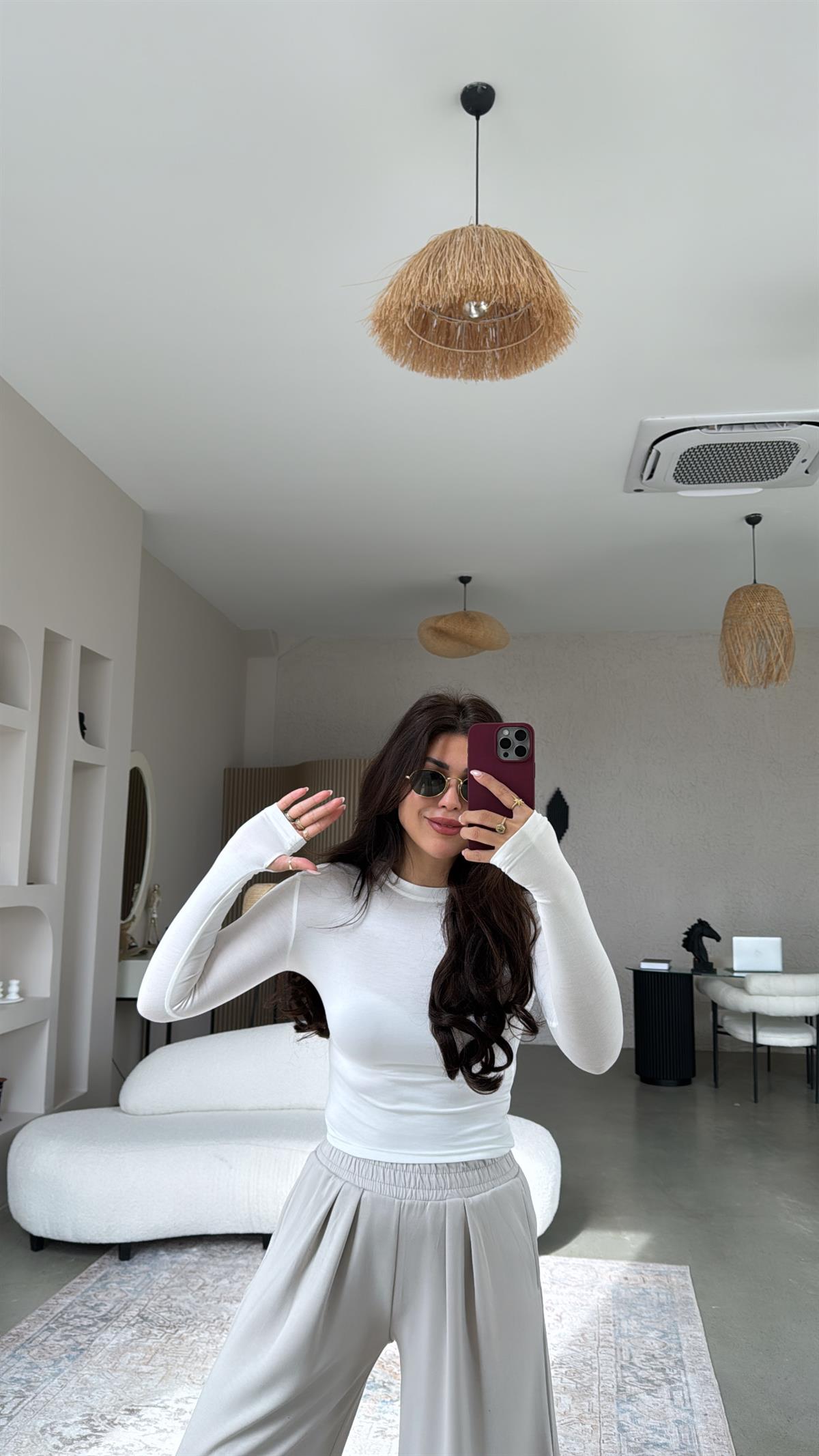 Ekru Oys Parmak Geçme Uzun Kollu Body