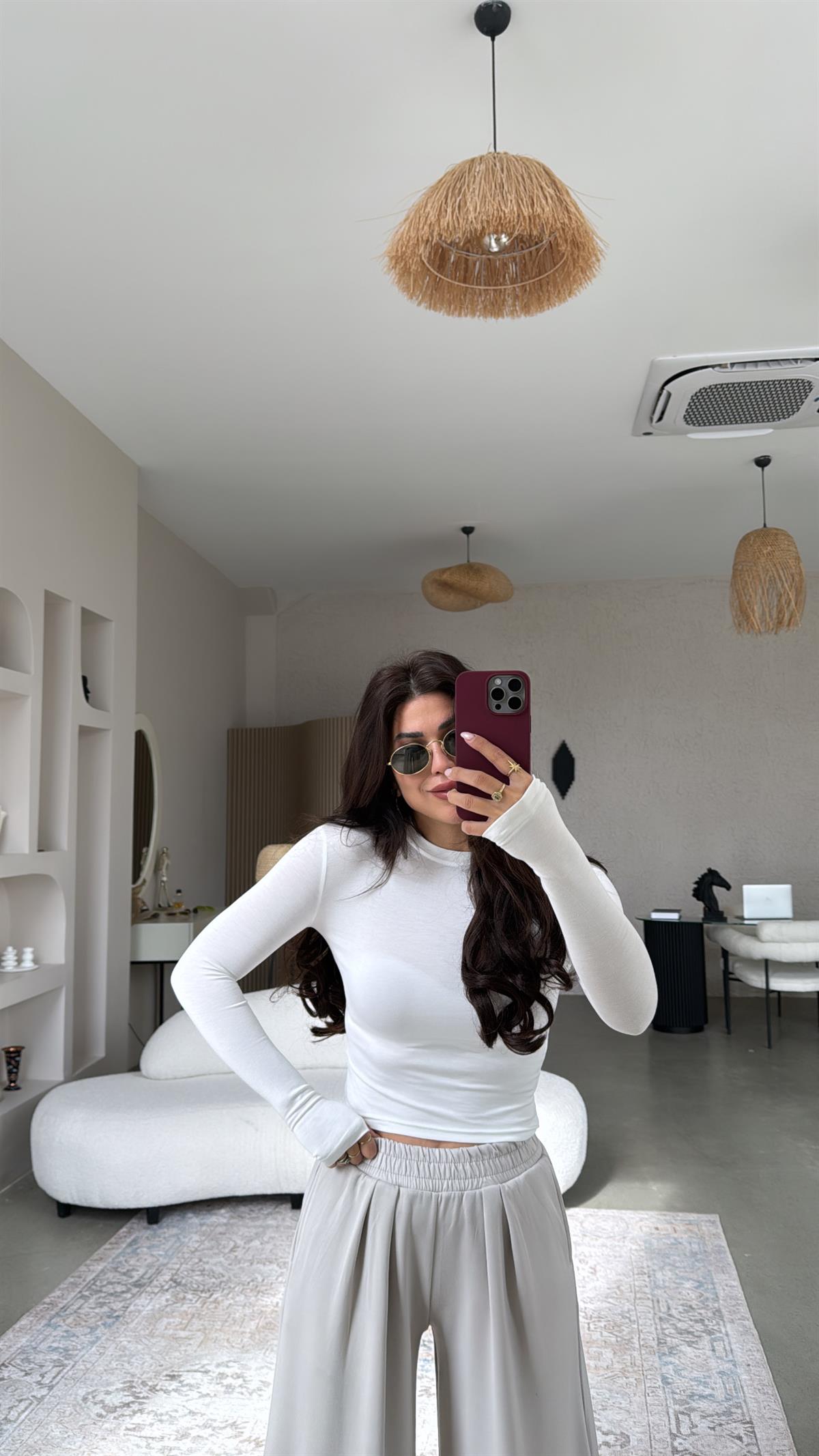 Ekru Oys Parmak Geçme Uzun Kollu Body