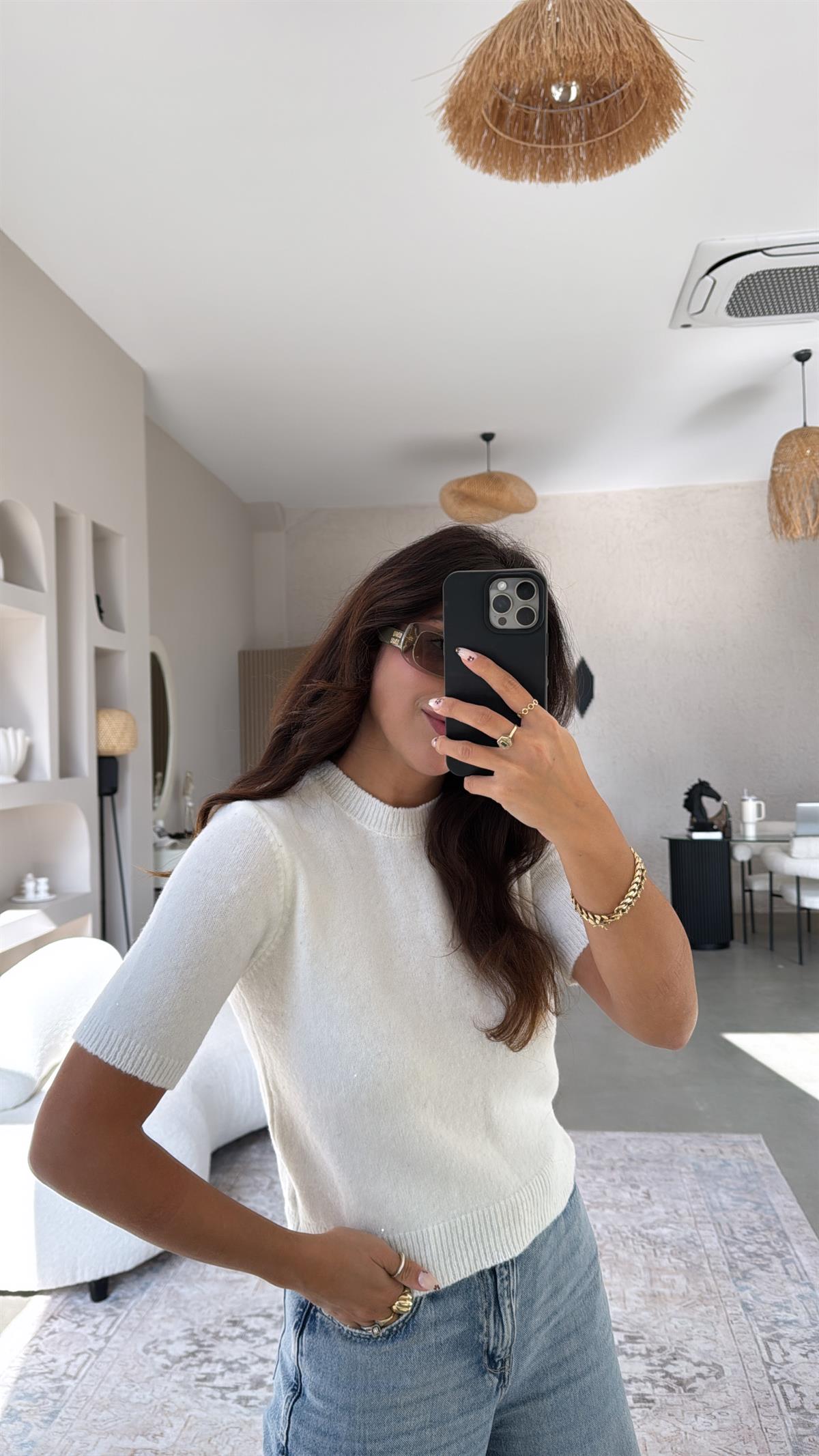 Ekru Payet Yansımalı Yumuşak Kısa Kol Triko Bluz