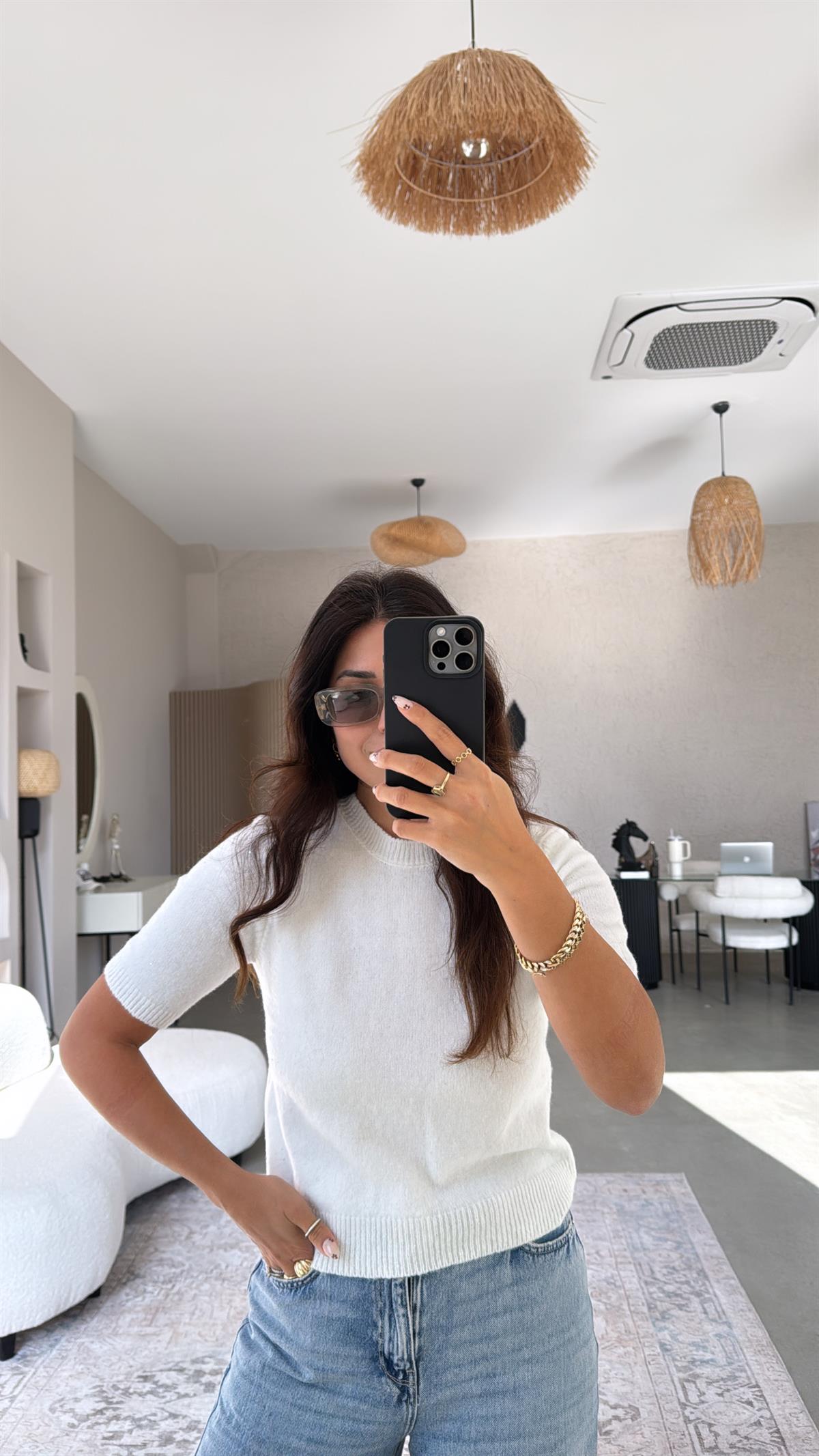 Ekru Payet Yansımalı Yumuşak Kısa Kol Triko Bluz