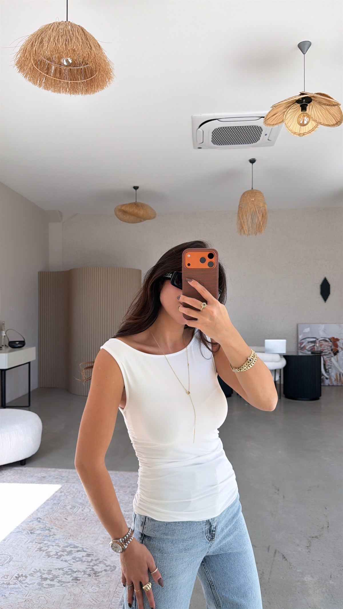 Ekru Polyamid Yan Büzgü Bluz