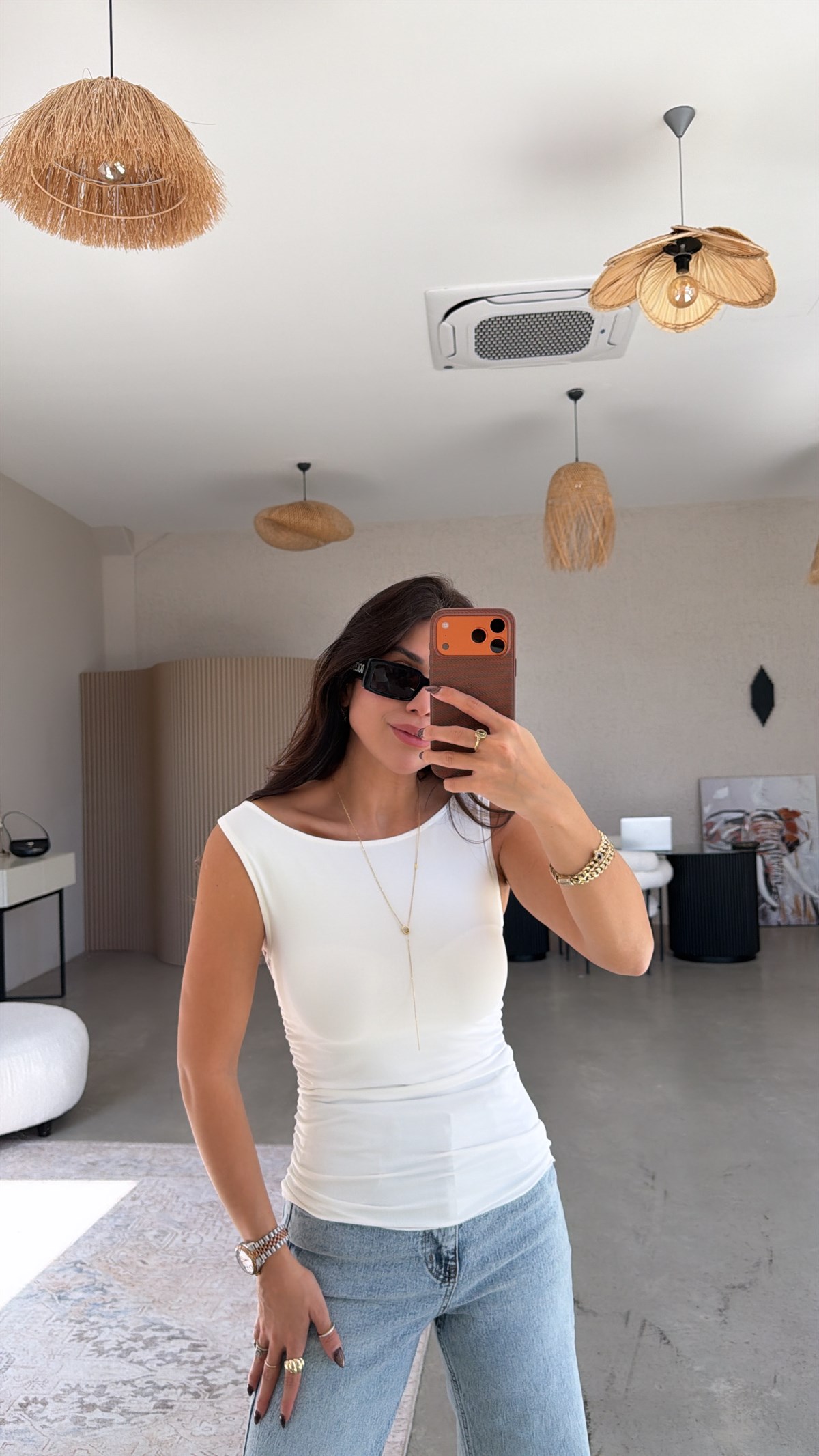 Ekru Polyamid Yan Büzgü Bluz