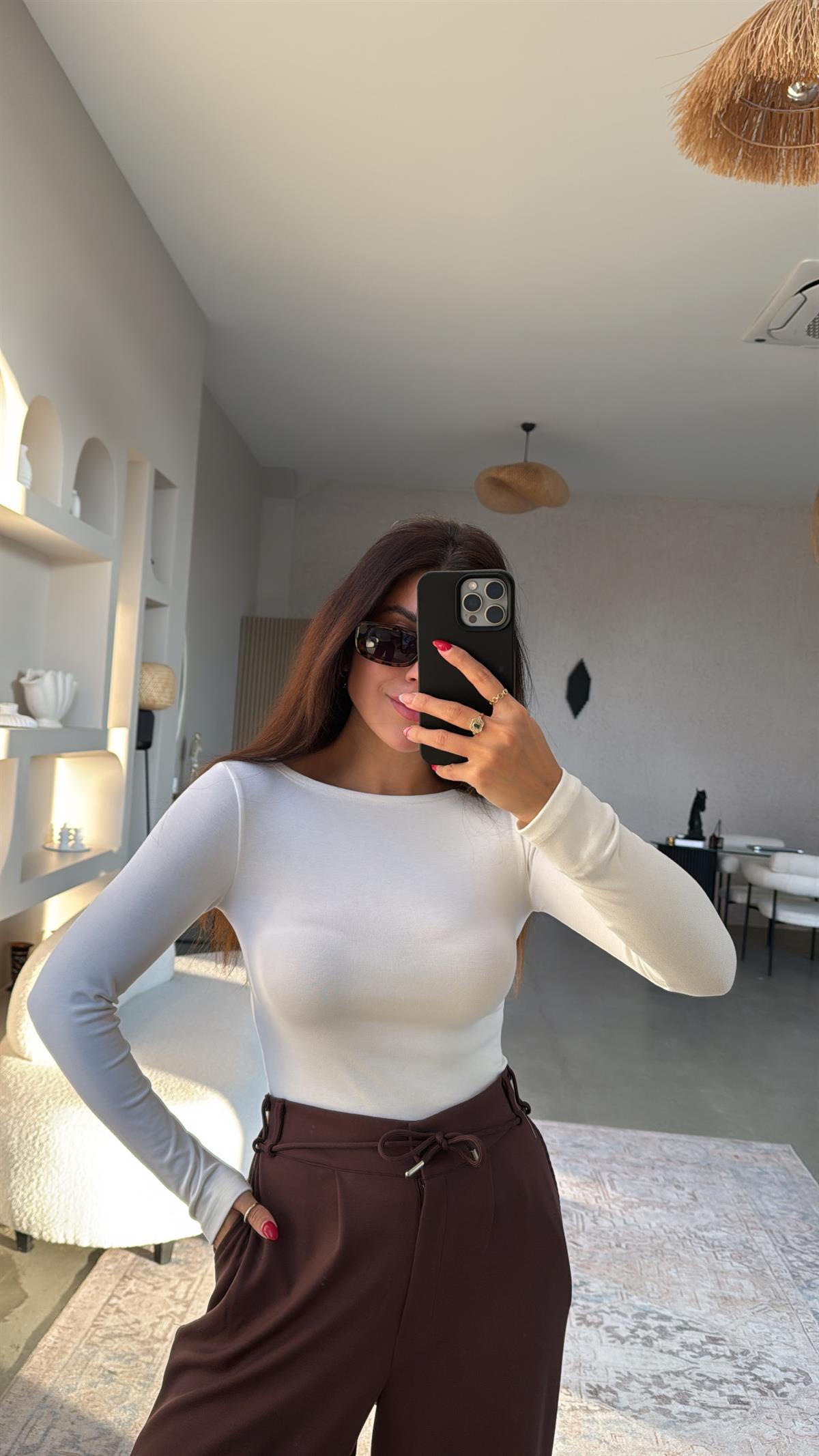 Ekru Pyr Uzun Kol Basic Bluz