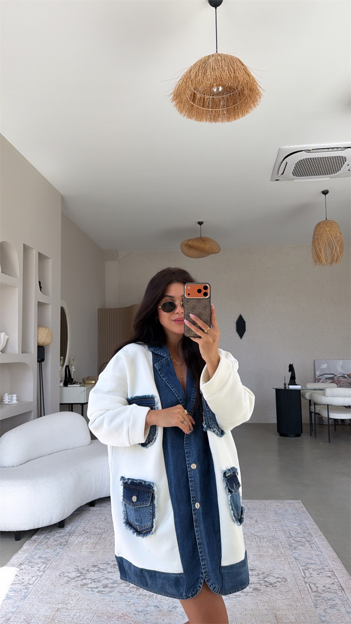 Ekru Şardonlu Denim Detaylı Salaş Premium Ceket