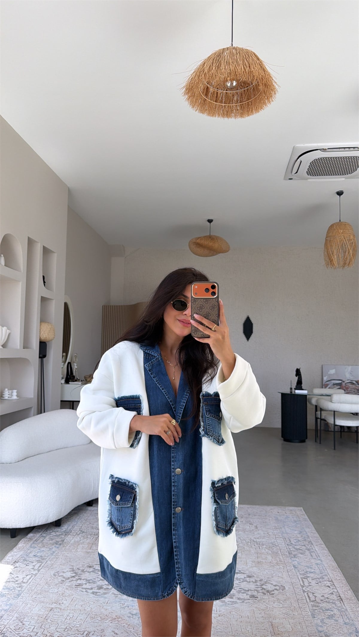 Ekru Şardonlu Denim Detaylı Salaş Premium Ceket