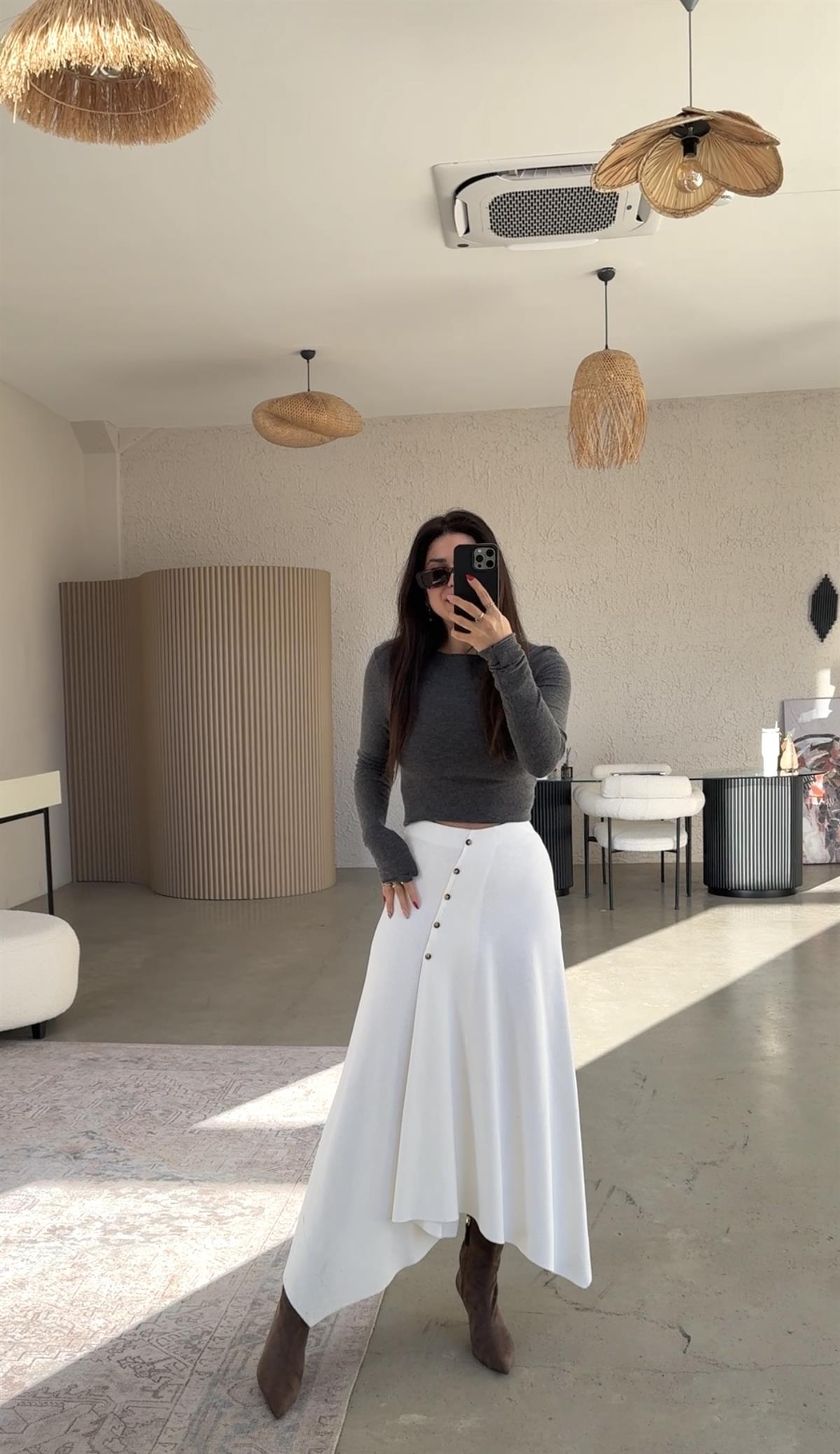 Ekru Selanik ZR Model Düğmeli Etek