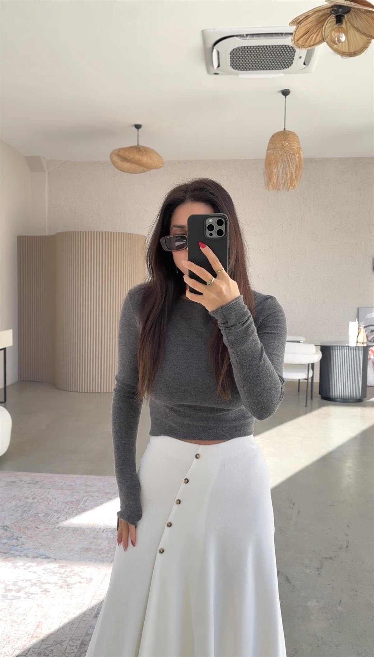 Ekru Selanik ZR Model Düğmeli Etek