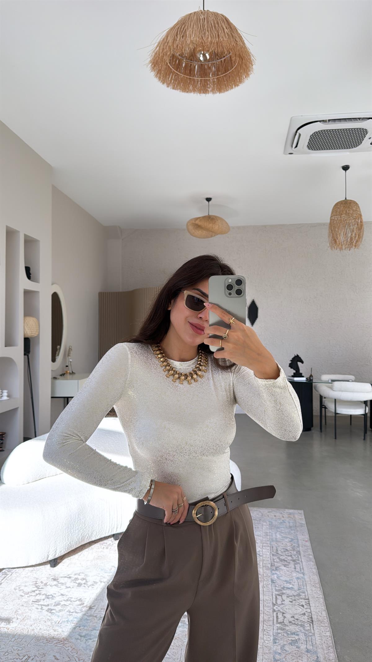 Ekru Simli Bluz