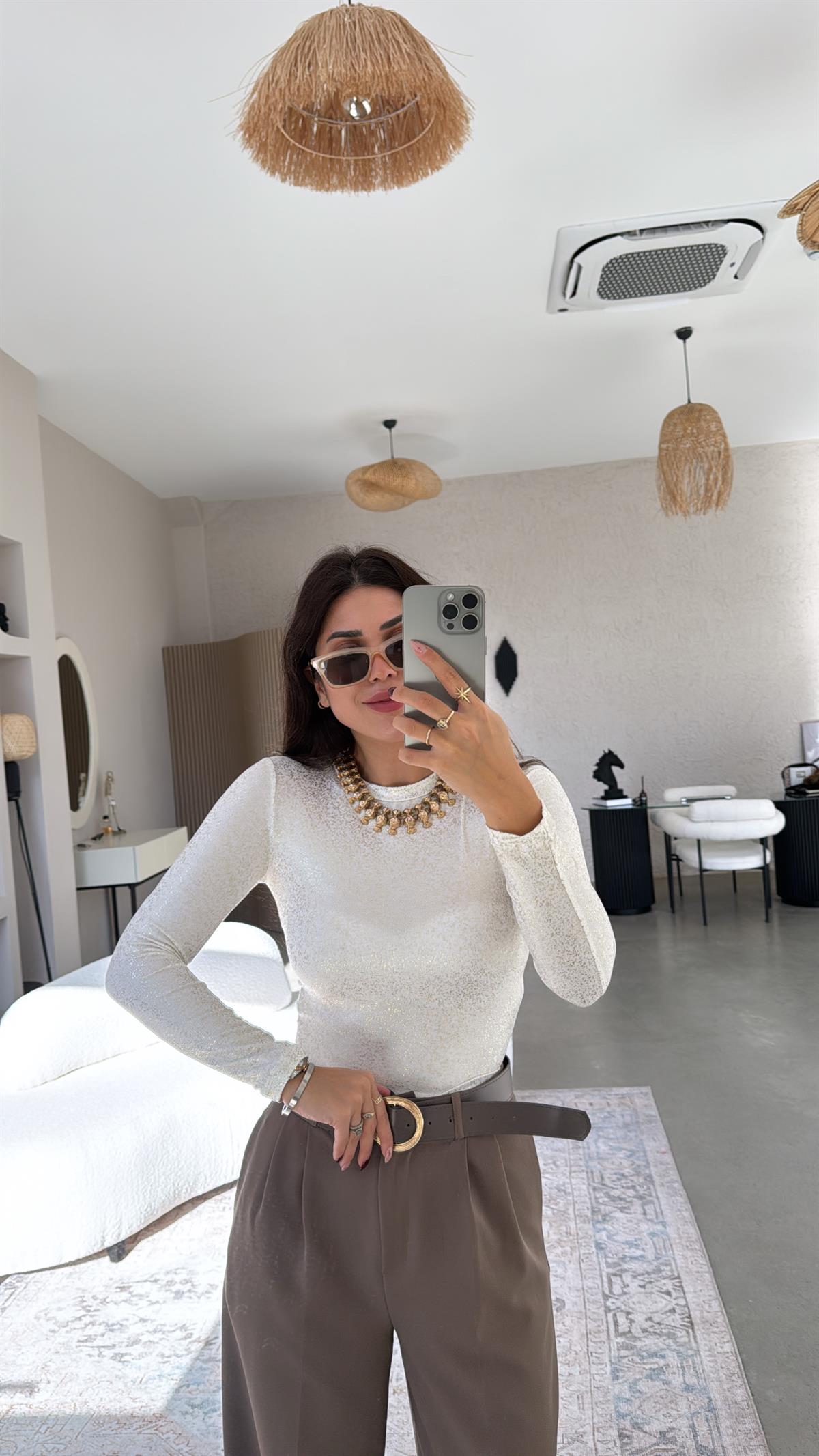 Ekru Simli Bluz