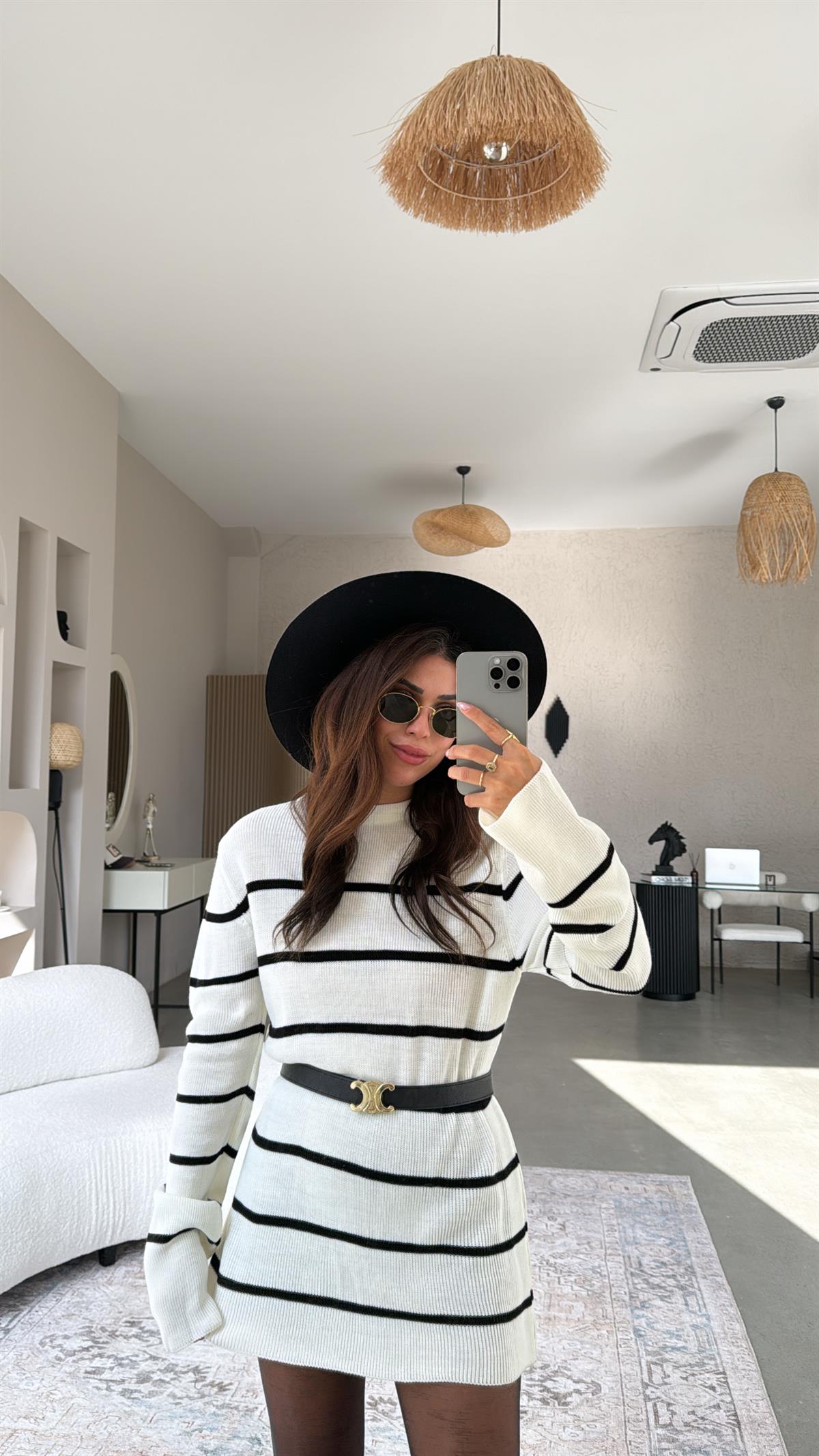 Ekru Siyah Çizgili Triko Tunik