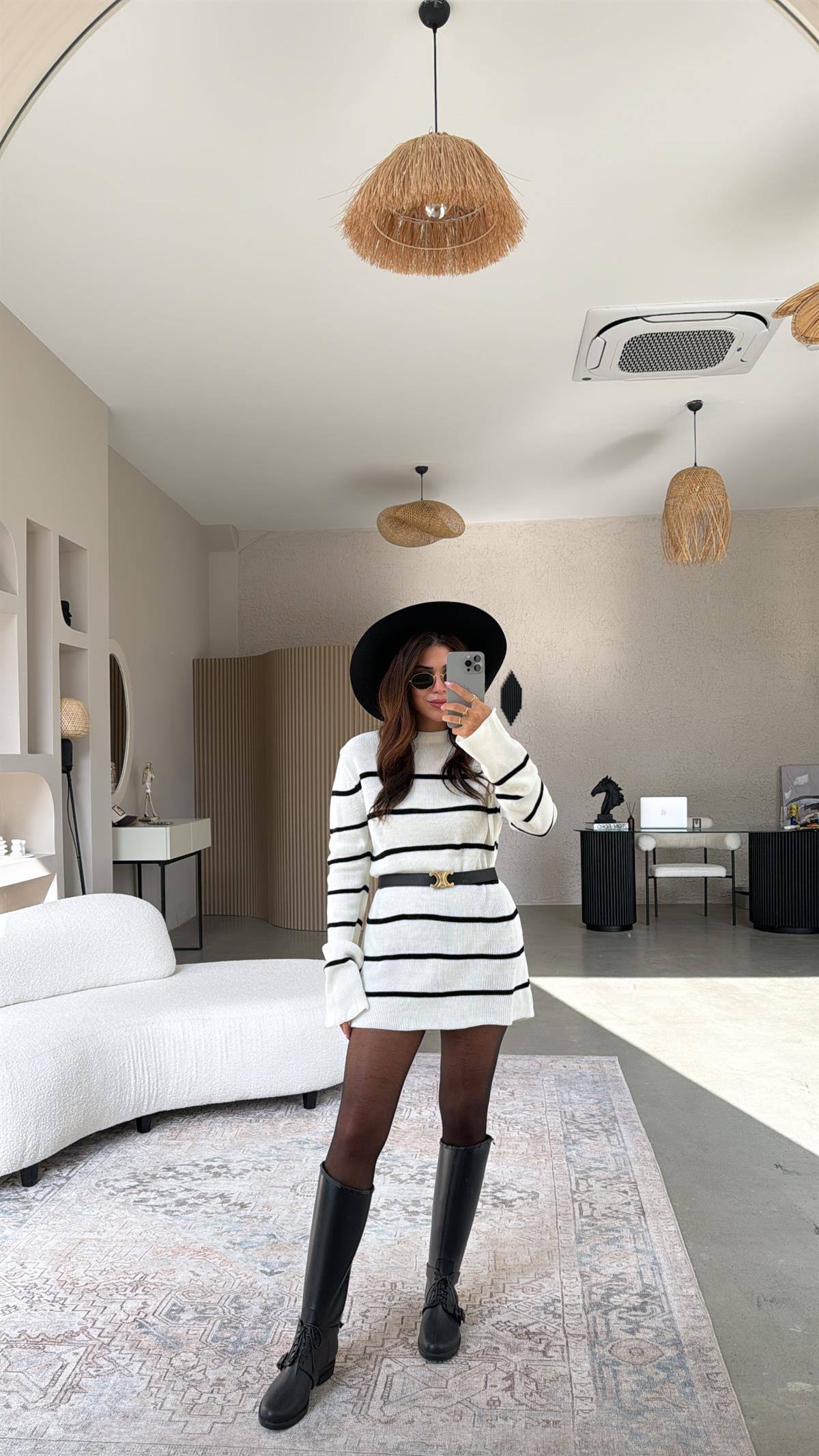 Ekru Siyah Çizgili Triko Tunik